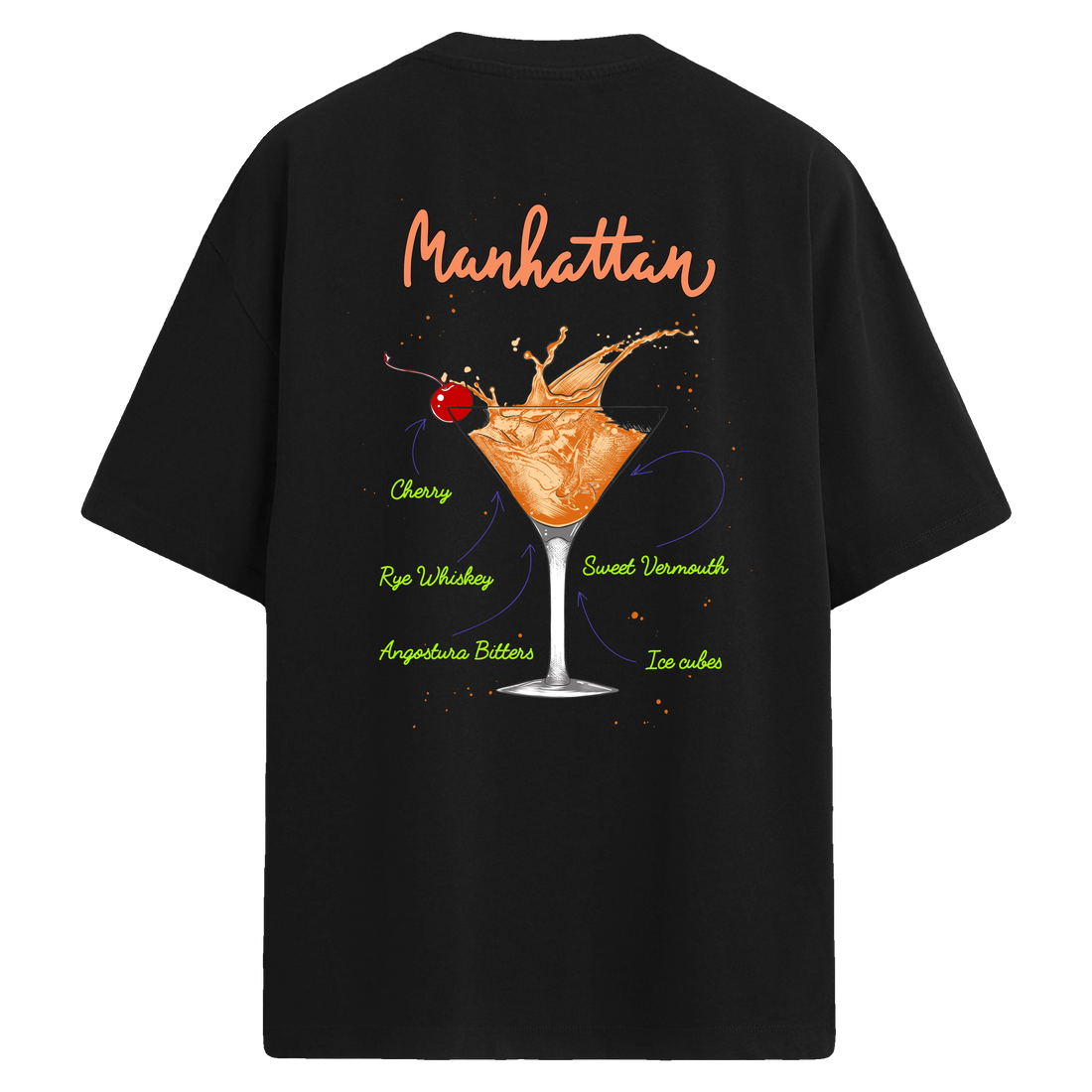 Manhattan kokteyl baskılı, içerik tarifli sırt tasarımlı oversize tişört