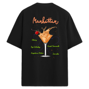 Manhattan kokteyl baskılı, içerik tarifli sırt tasarımlı oversize tişört