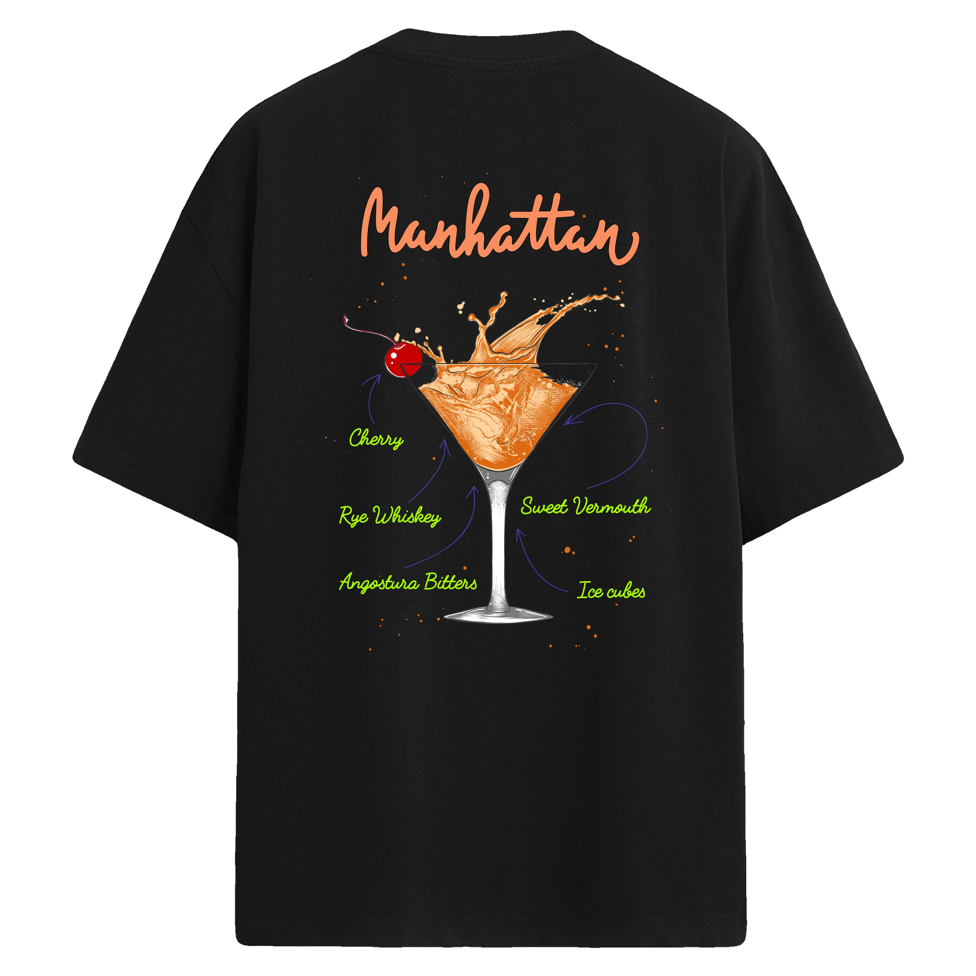 Manhattan kokteyl baskılı, içerik tarifli sırt tasarımlı oversize tişört