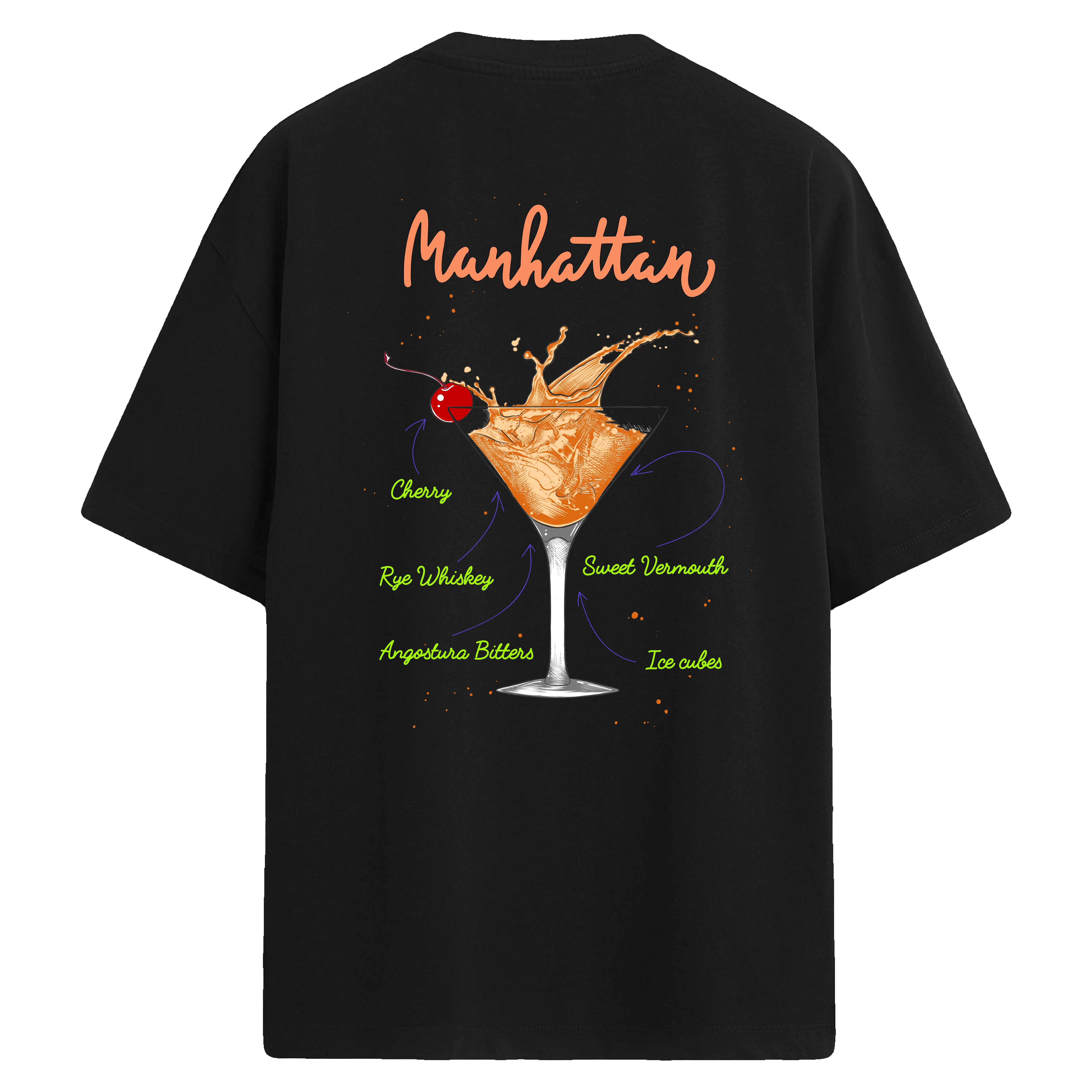 Manhattan kokteyl baskılı, içerik tarifli sırt tasarımlı oversize tişört