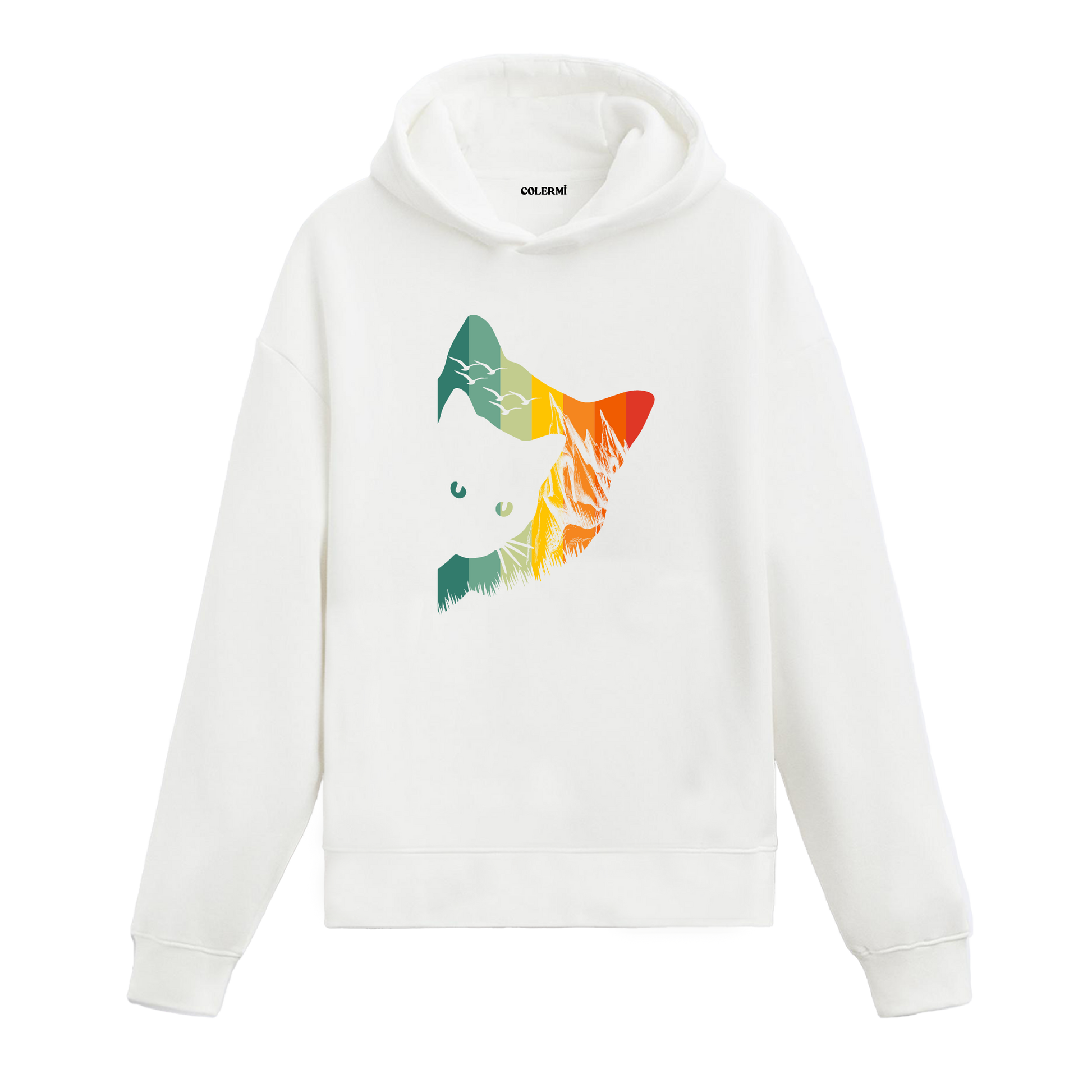 Günbatımı tonlarında manzara dolgulu kedi başı baskılı beyaz hoodie
