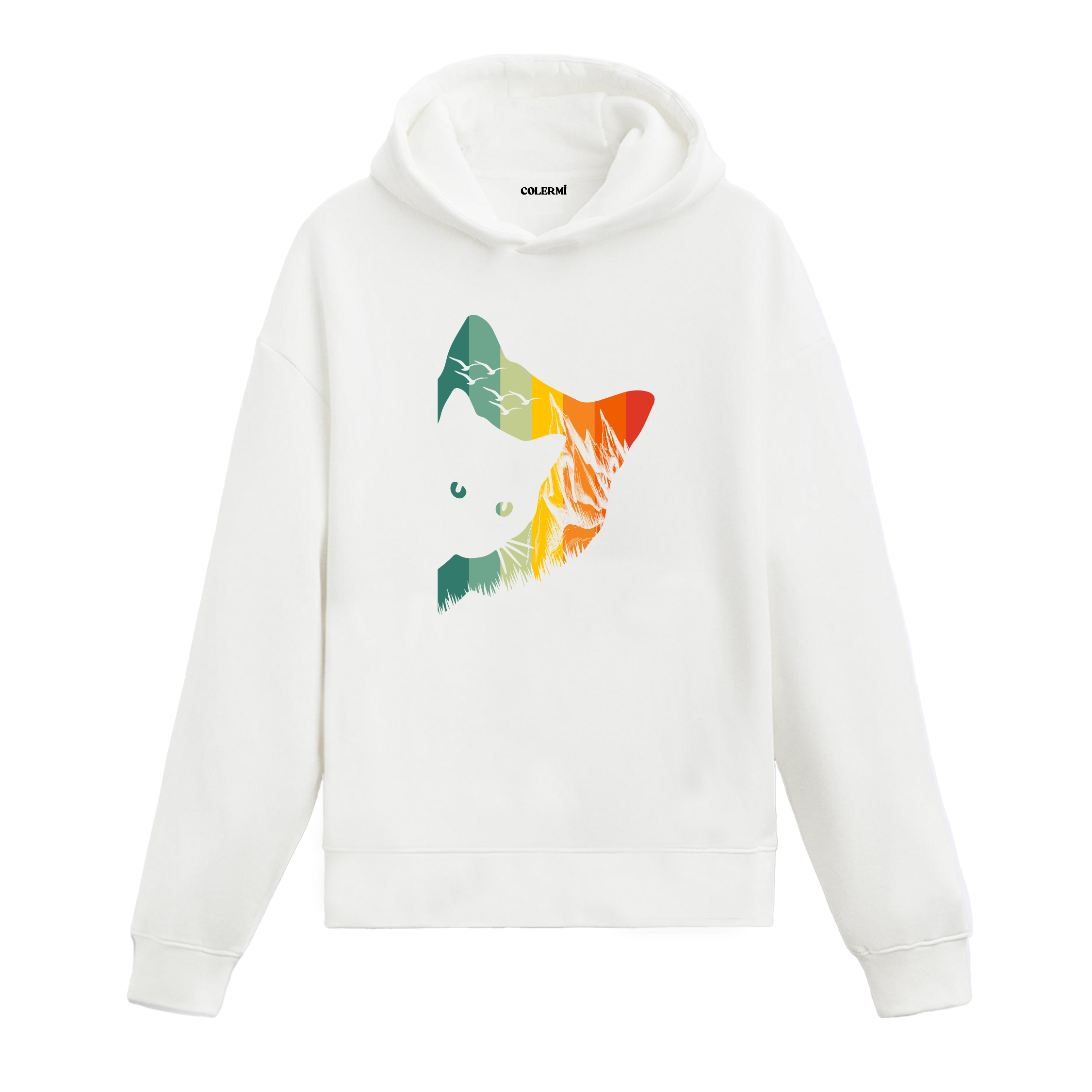 Günbatımı tonlarında manzara dolgulu kedi başı baskılı beyaz hoodie