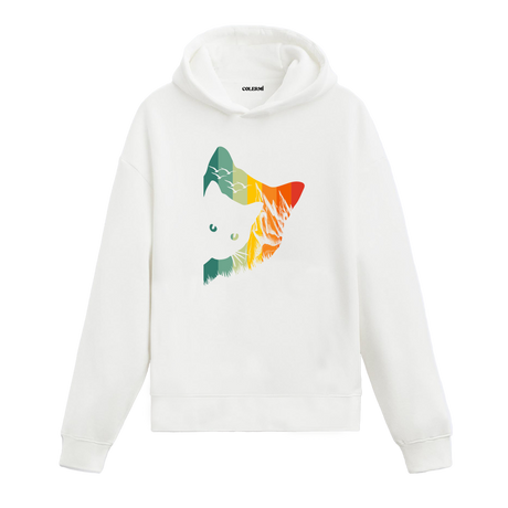 Günbatımı tonlarında manzara dolgulu kedi başı baskılı beyaz hoodie