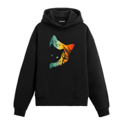 Günbatımı tonlarında manzara dolgulu kedi başı baskılı siyah hoodie