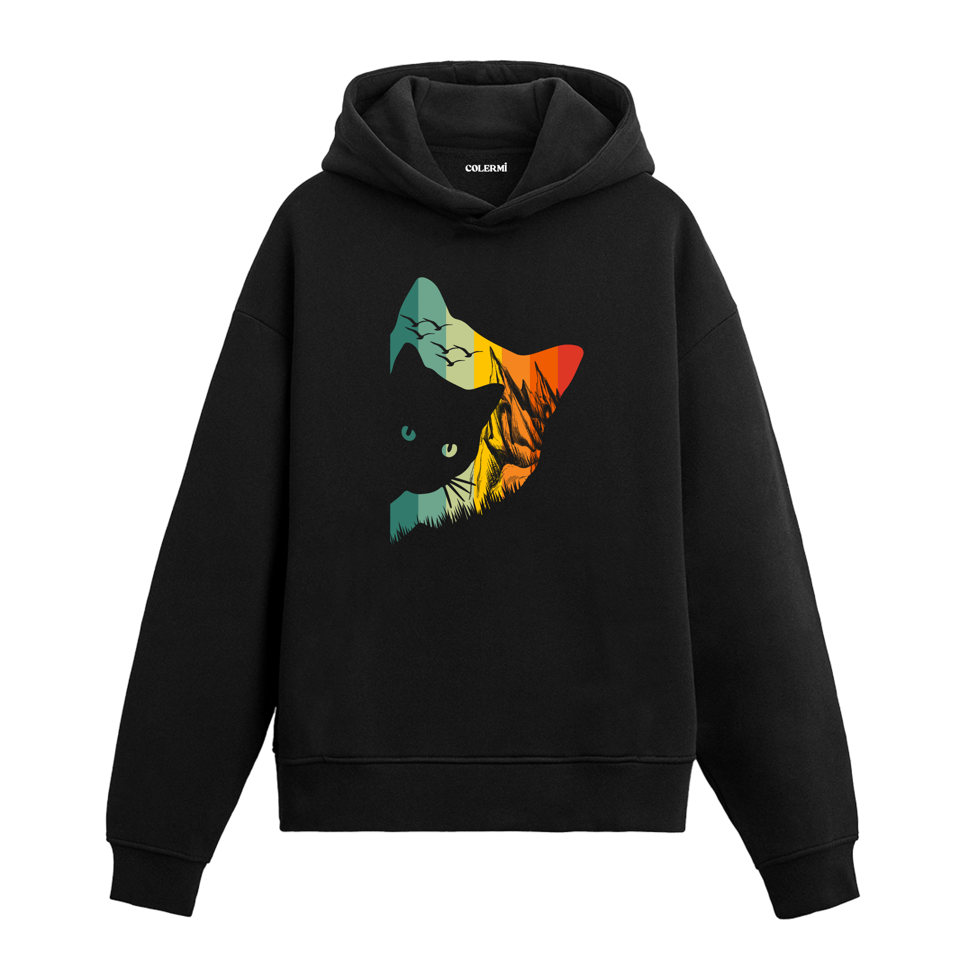 Günbatımı tonlarında manzara dolgulu kedi başı baskılı siyah hoodie