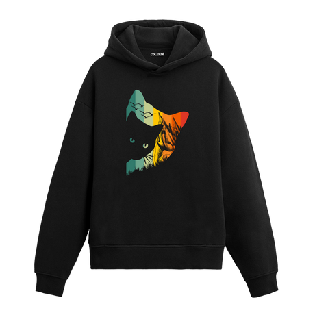 Günbatımı tonlarında manzara dolgulu kedi başı baskılı siyah hoodie