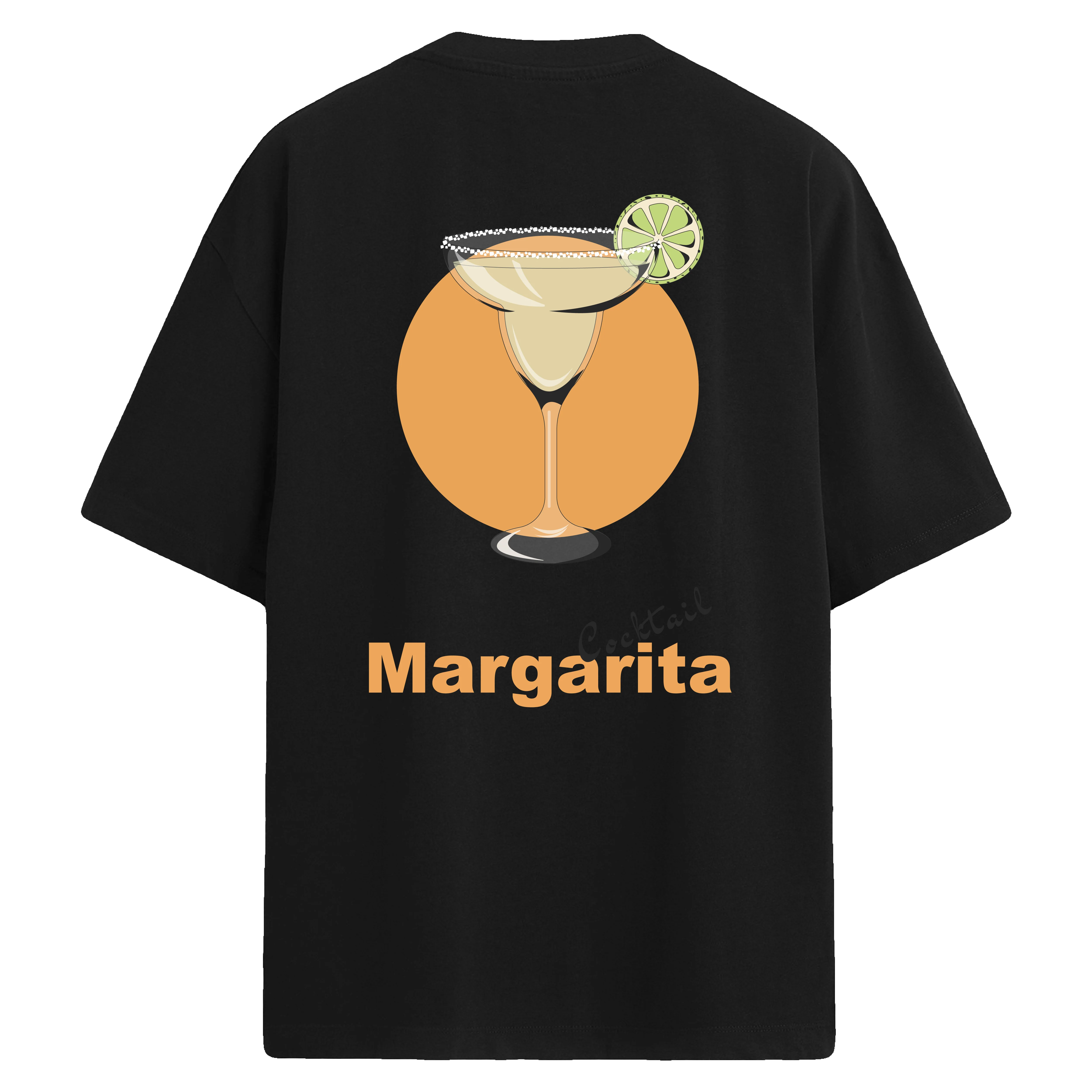 Margarita kokteyl bardağı görseli bulunan siyah oversize tişört, sırt baskılı tasarım