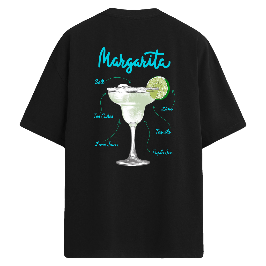 Margarita baskılı, limonlu kokteyl temalı sırt detaylı oversize tişört
