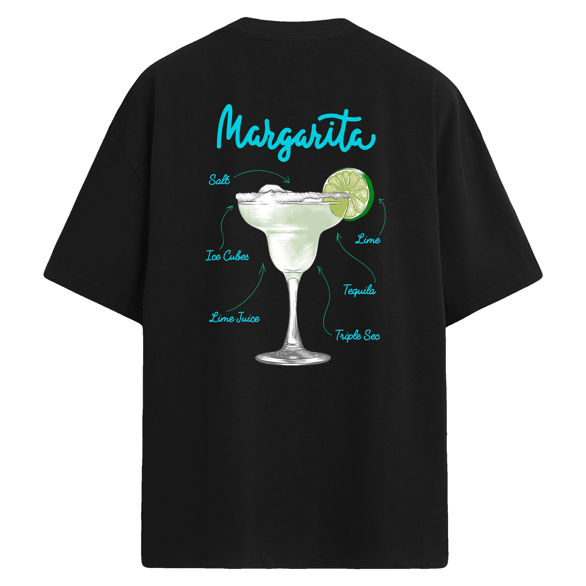 Margarita baskılı, limonlu kokteyl temalı sırt detaylı oversize tişört