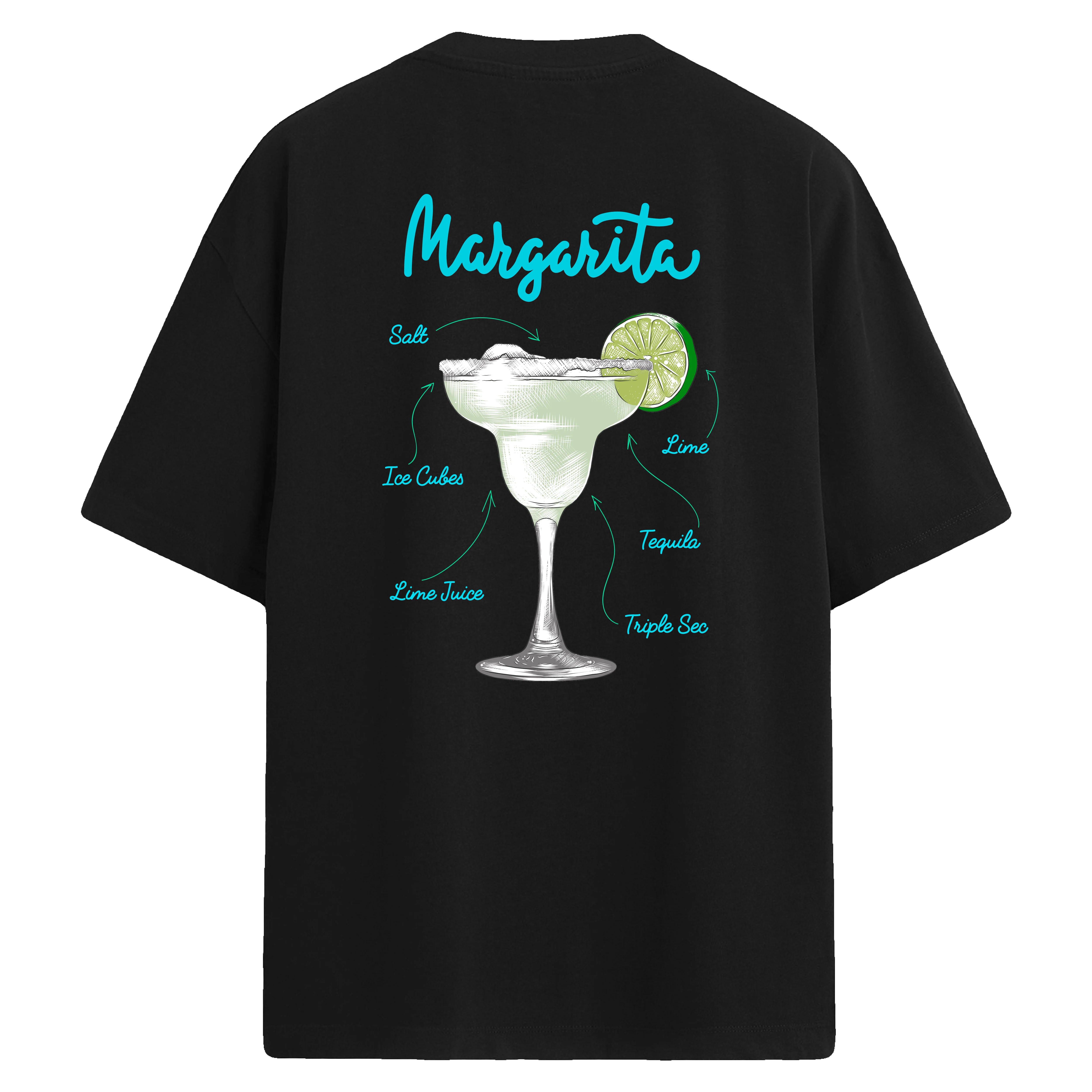 Margarita baskılı, limonlu kokteyl temalı sırt detaylı oversize tişört