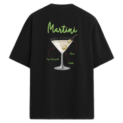 Martini kokteyl baskılı, sade ve şık sırt tasarımlı oversize tişört