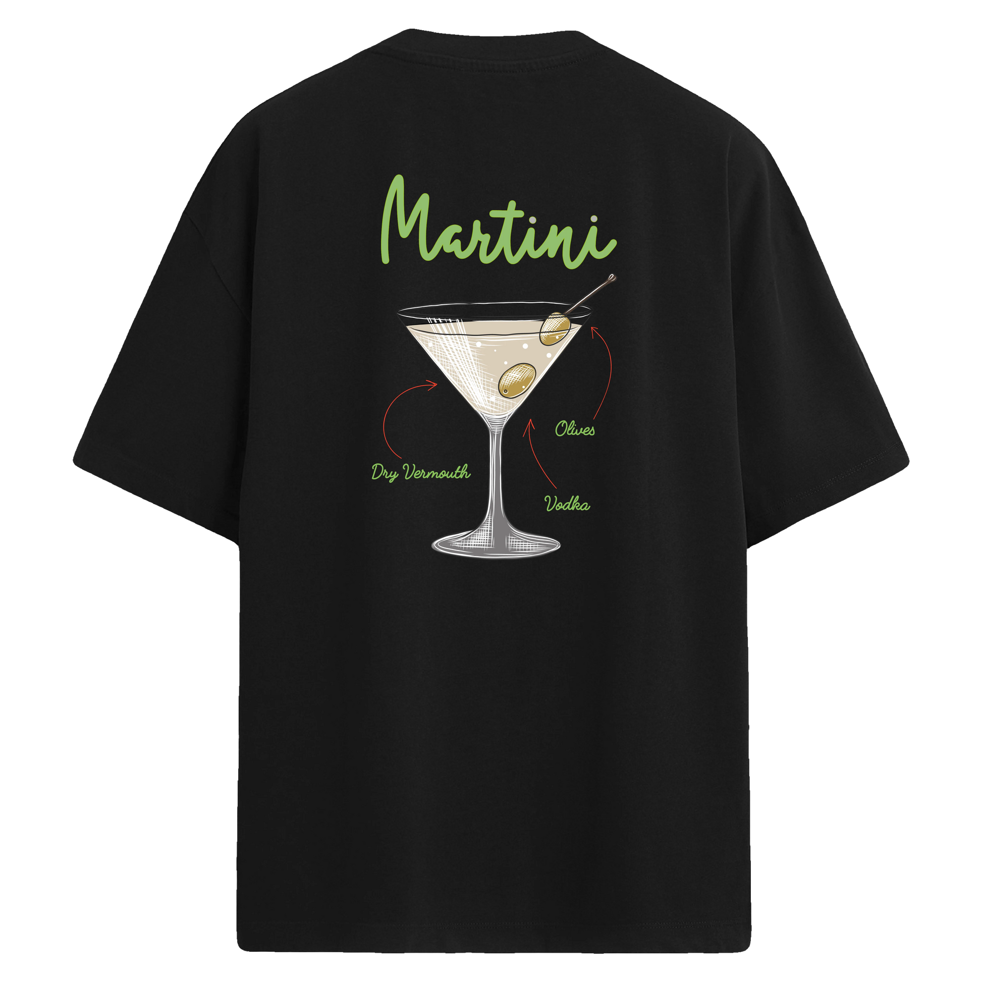 Martini kokteyl baskılı, sade ve şık sırt tasarımlı oversize tişört