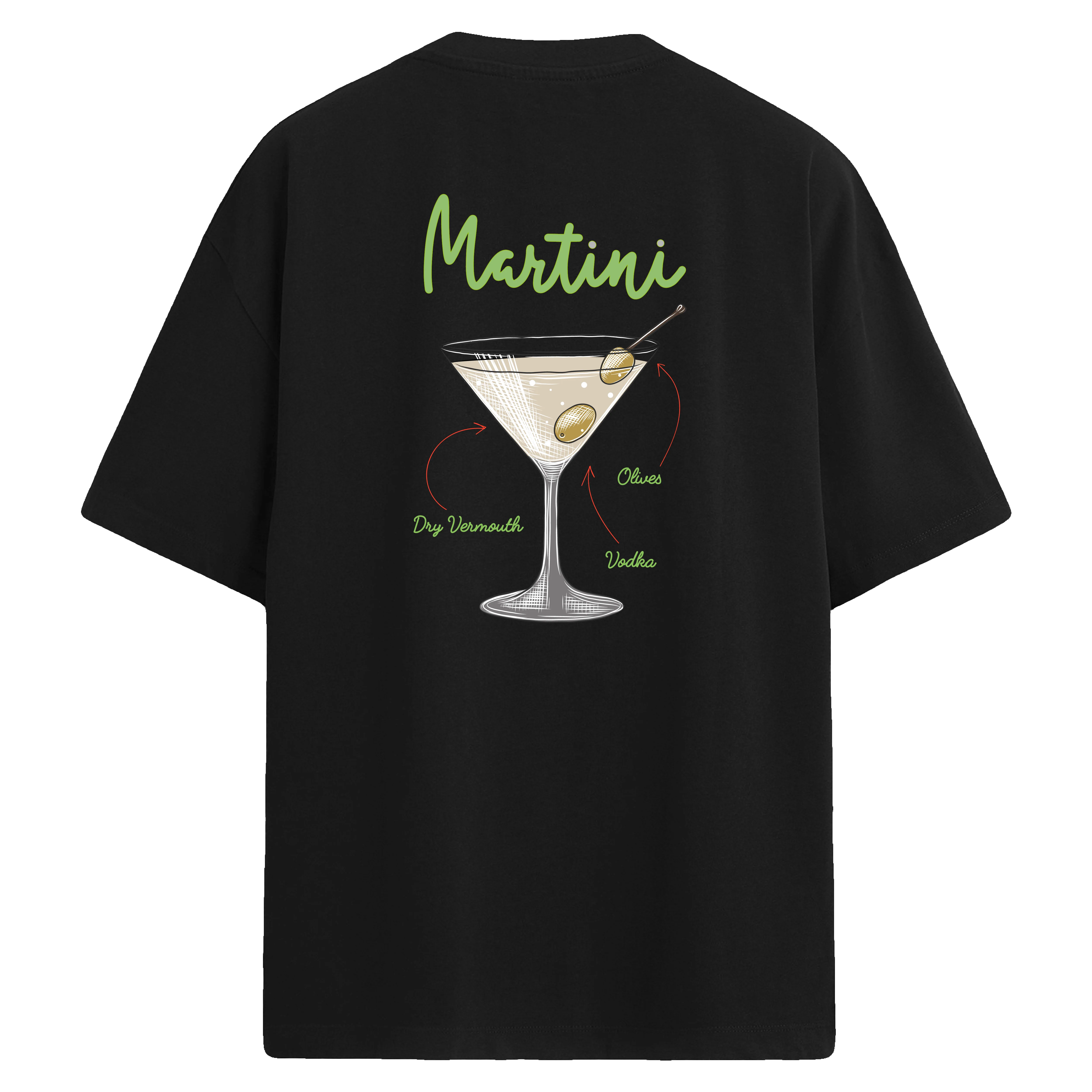 Martini kokteyl baskılı, sade ve şık sırt tasarımlı oversize tişört