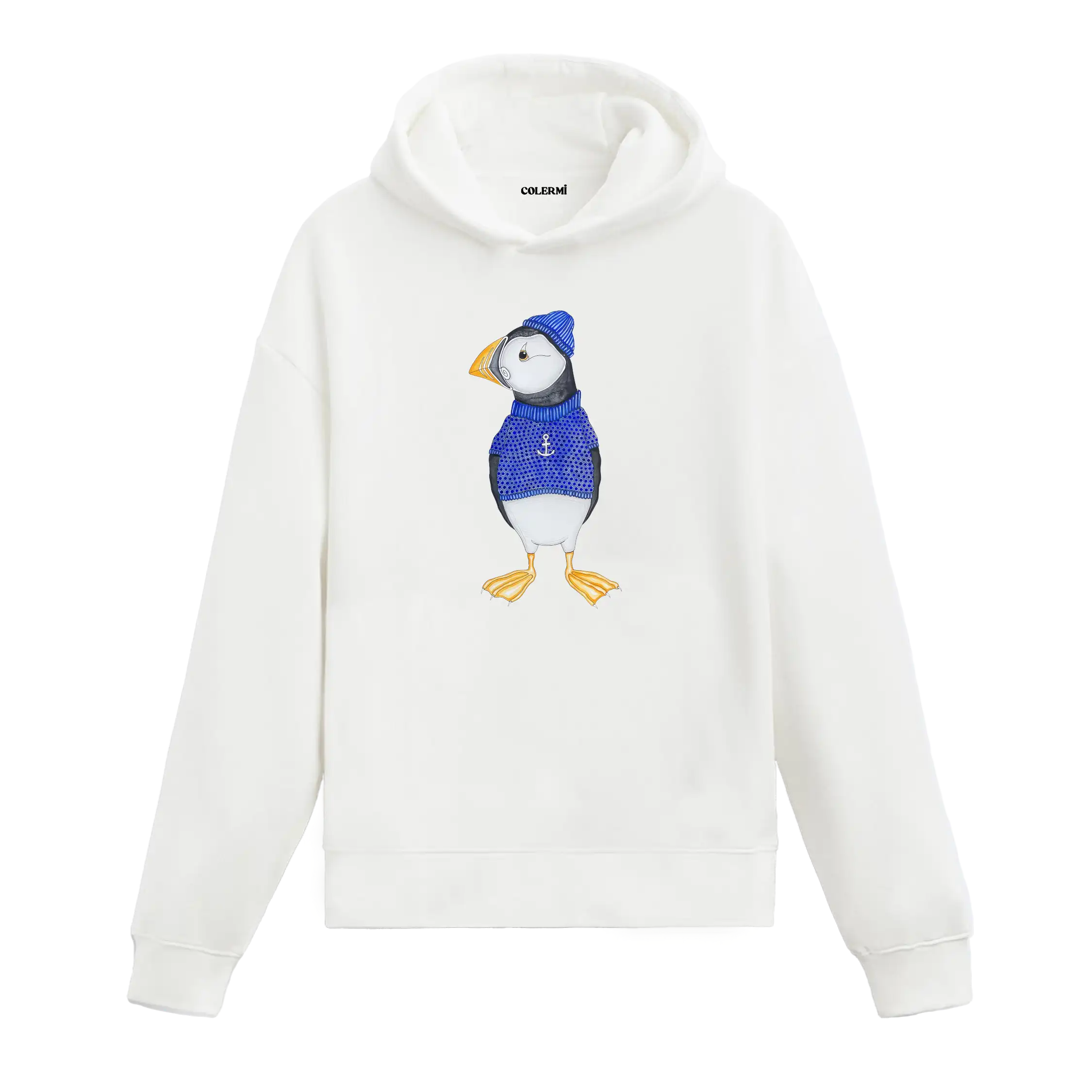 Mavi kazak ve bere giymiş deniz papağanı figürlü Colermi hoodie.