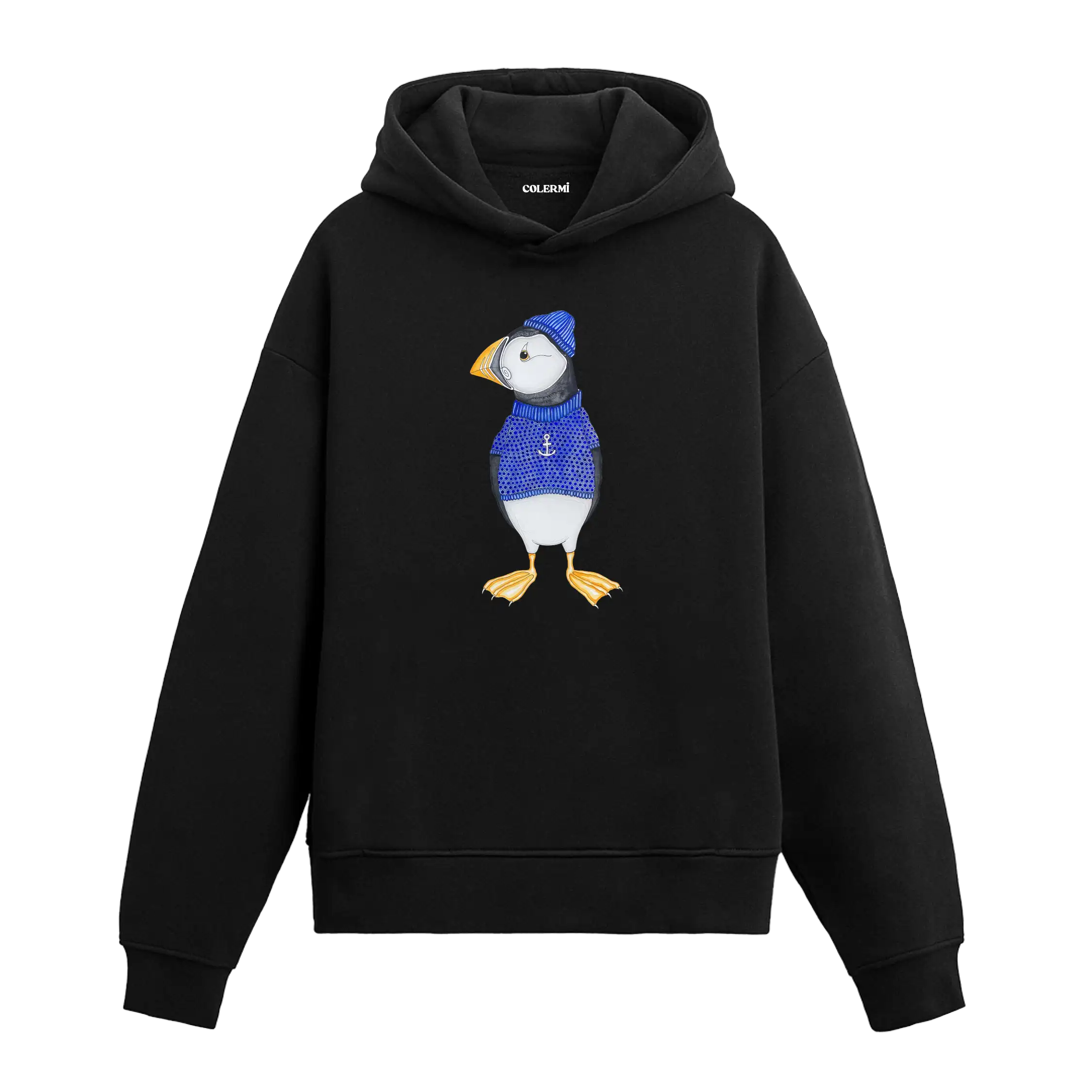 Mavi kazak ve bere giymiş deniz papağanı figürlü Colermi hoodie.