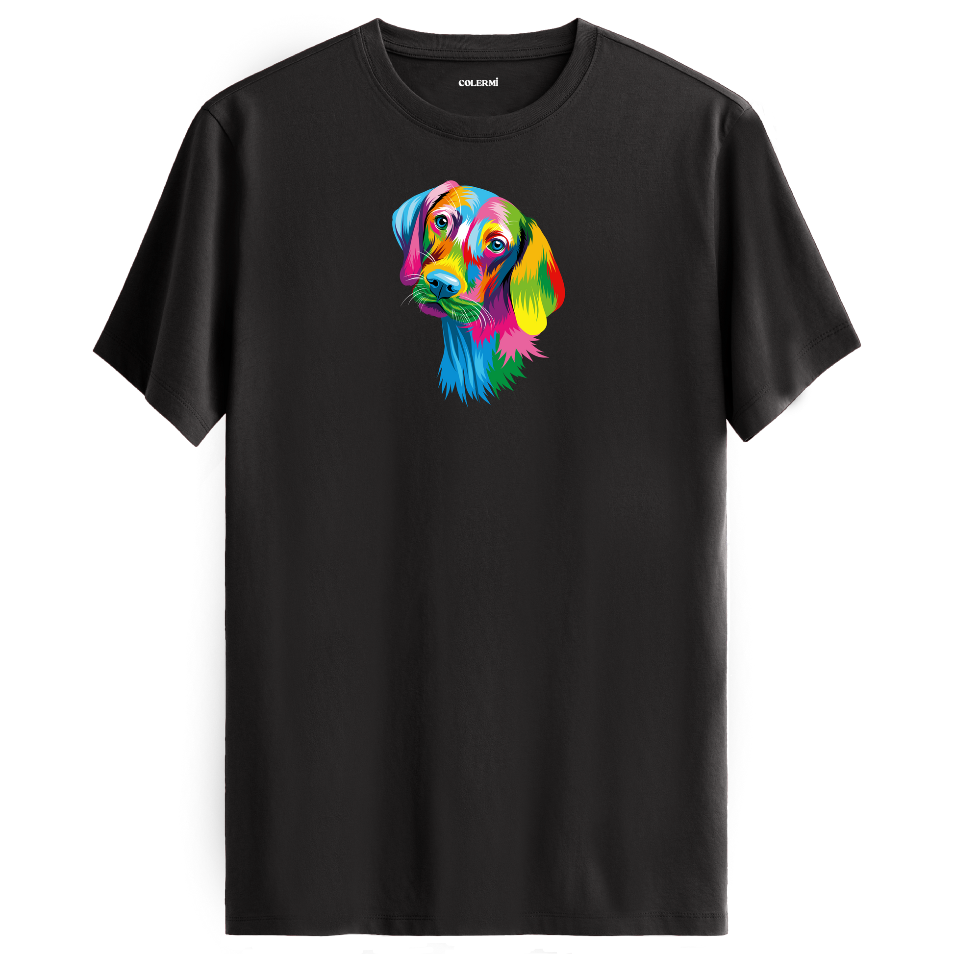 Antrasit tişört üzerinde renkli Max Weimaraner köpek tasarımı