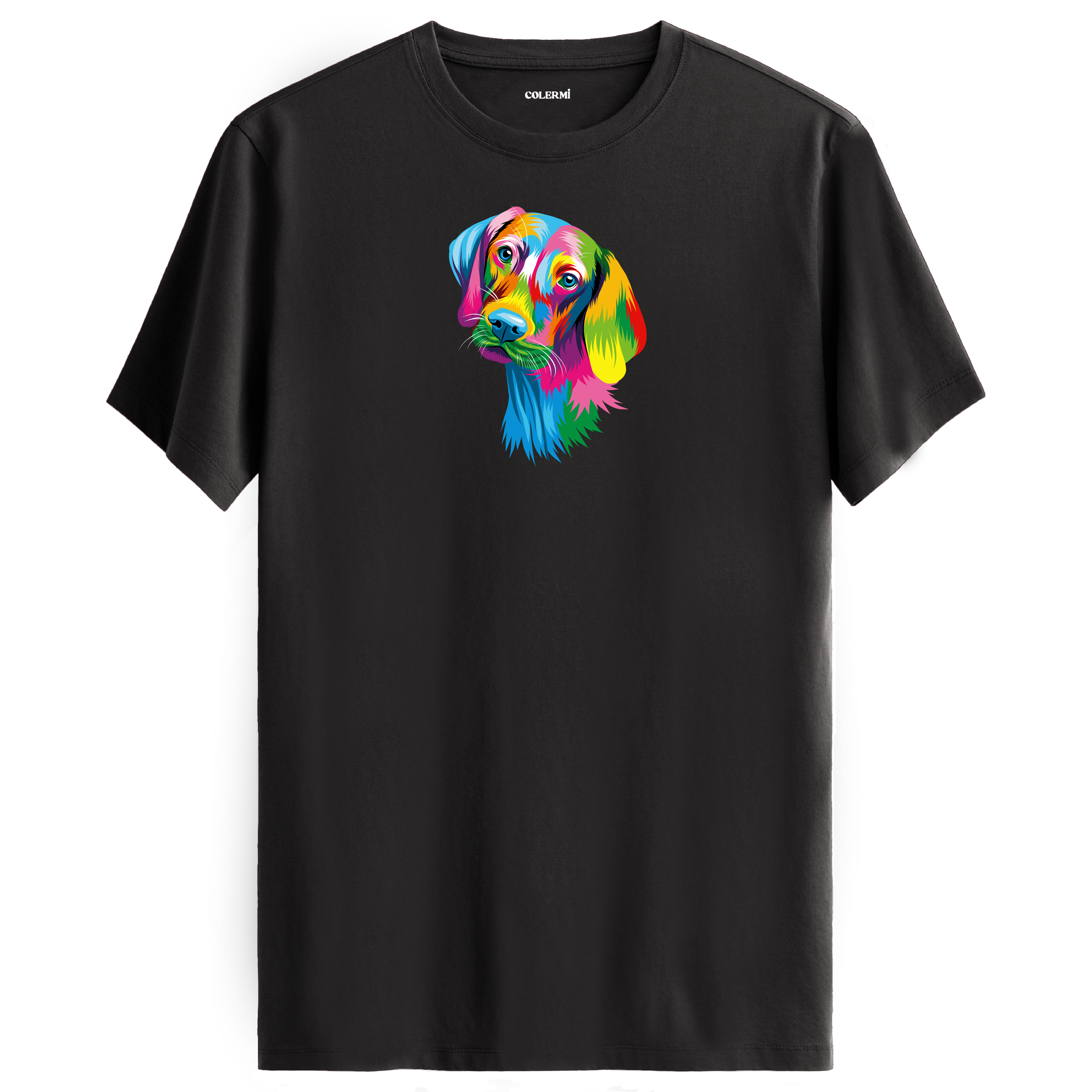 Antrasit tişört üzerinde renkli Max Weimaraner köpek tasarımı