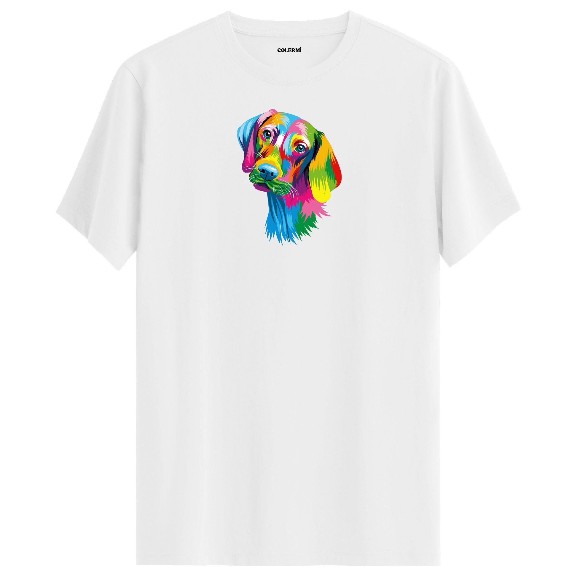 Beyaz tişört üzerinde renkli Max Weimaraner köpek tasarımı