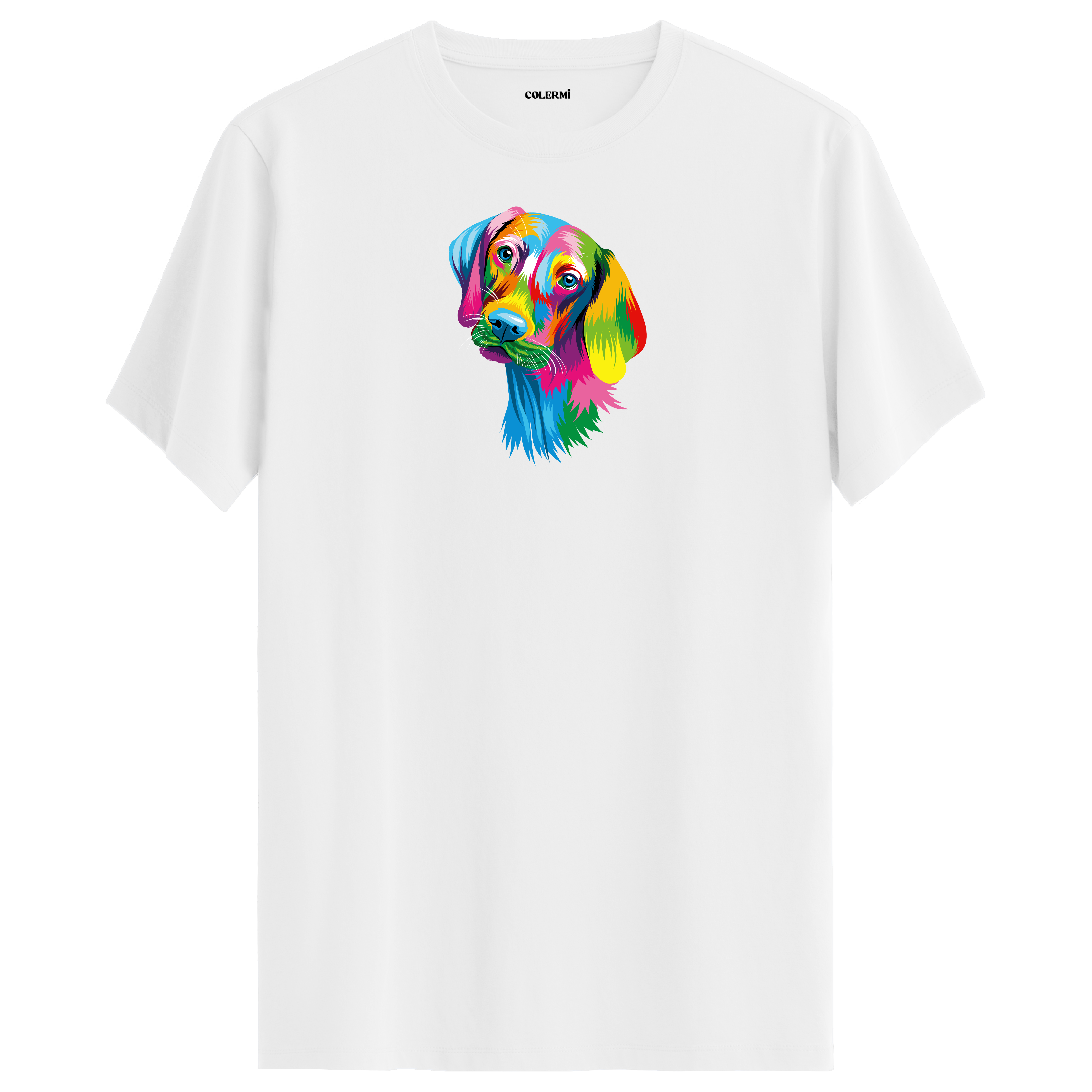 Beyaz tişört üzerinde renkli Max Weimaraner köpek tasarımı