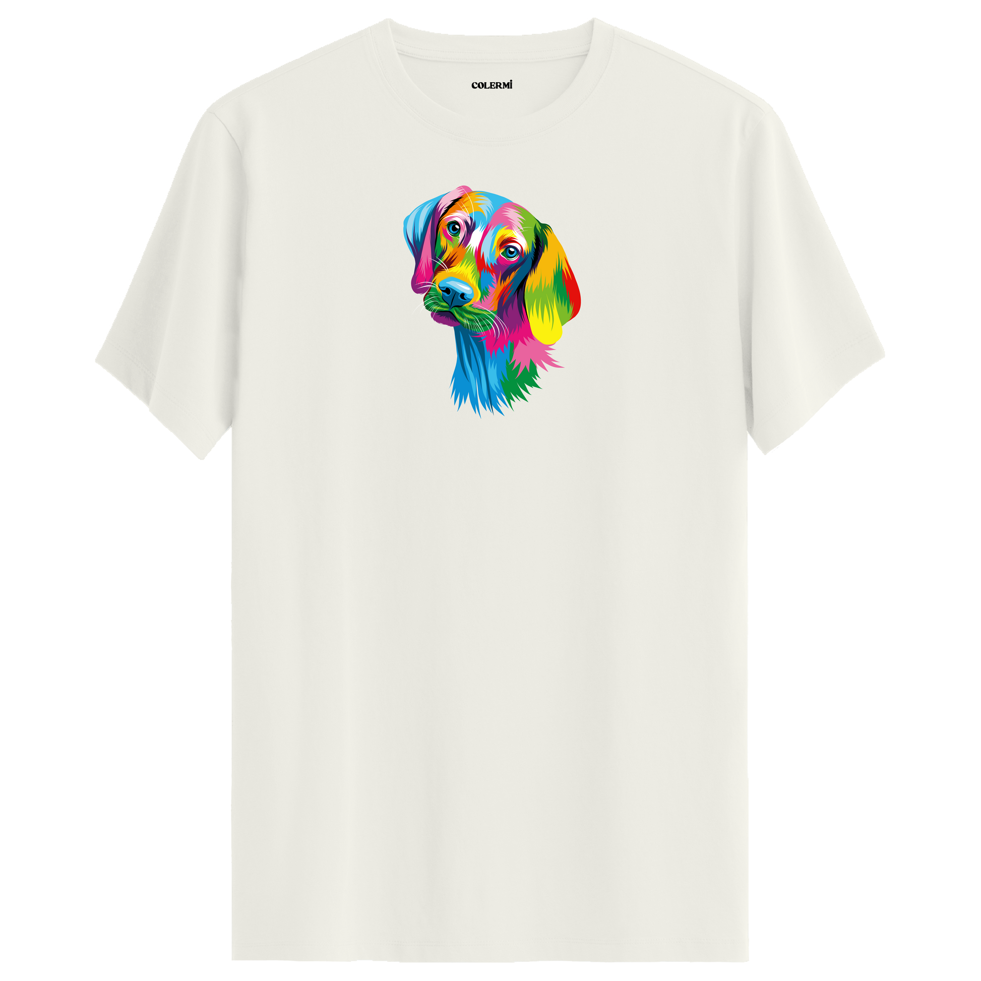 Ekru tişört üzerinde renkli Max Weimaraner köpek tasarımı