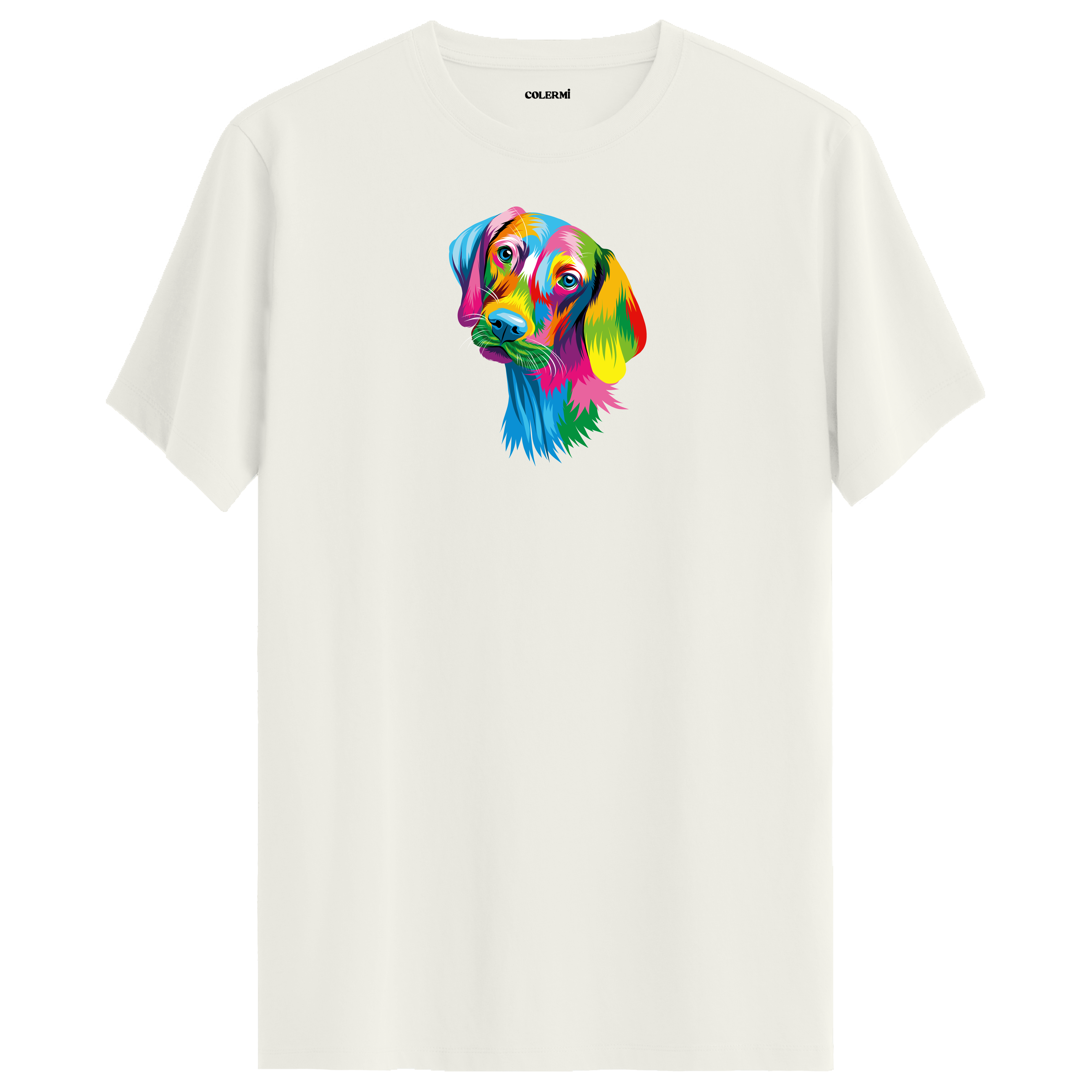 Ekru tişört üzerinde renkli Max Weimaraner köpek tasarımı