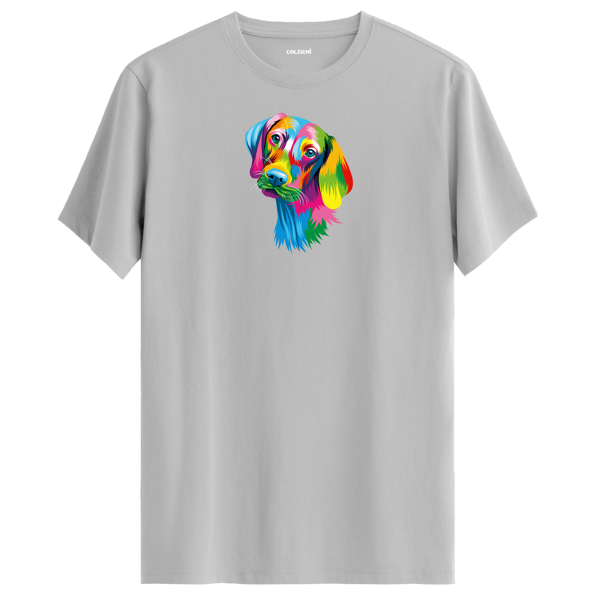 Gri tişört üzerinde renkli Max Weimaraner köpek tasarımı