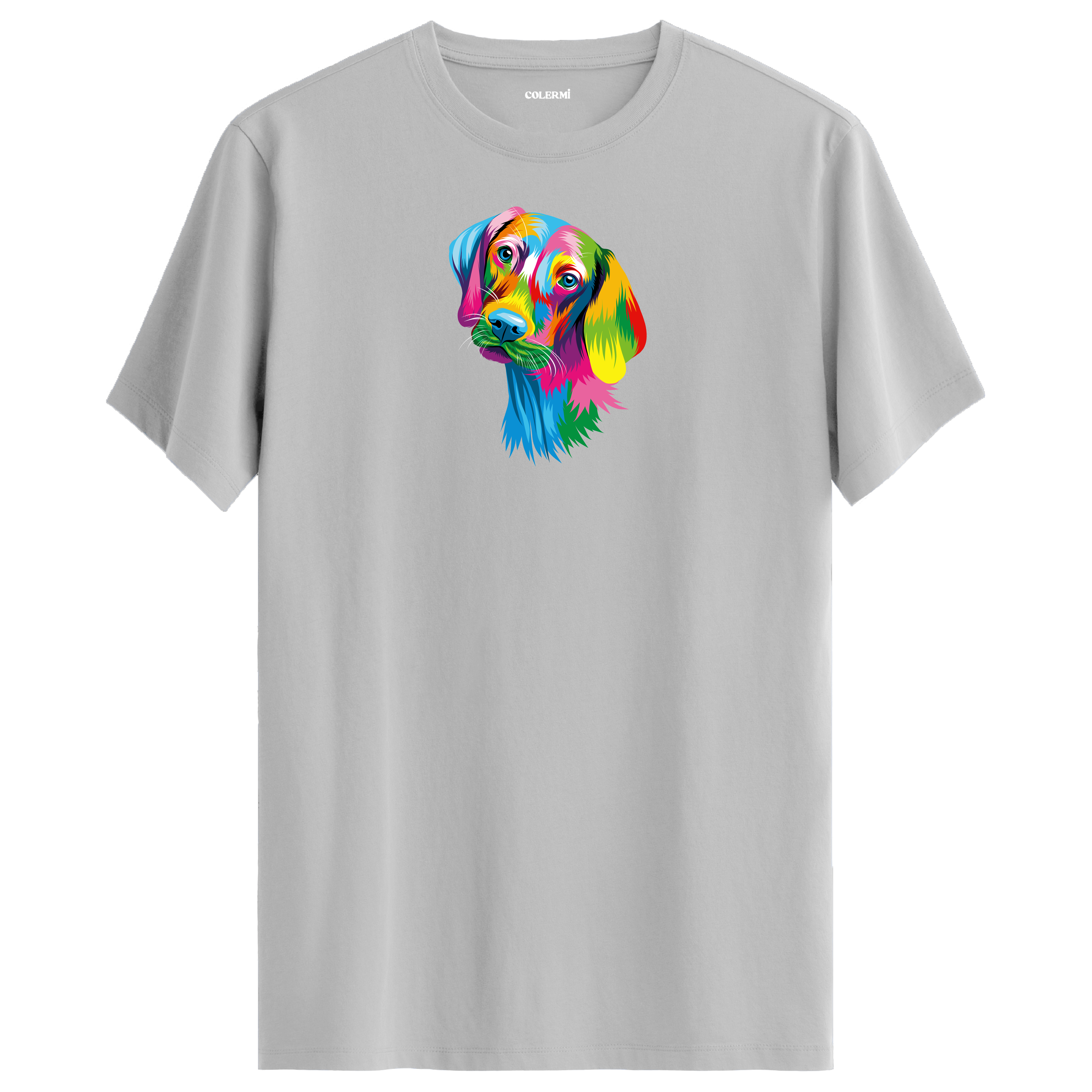 Gri tişört üzerinde renkli Max Weimaraner köpek tasarımı