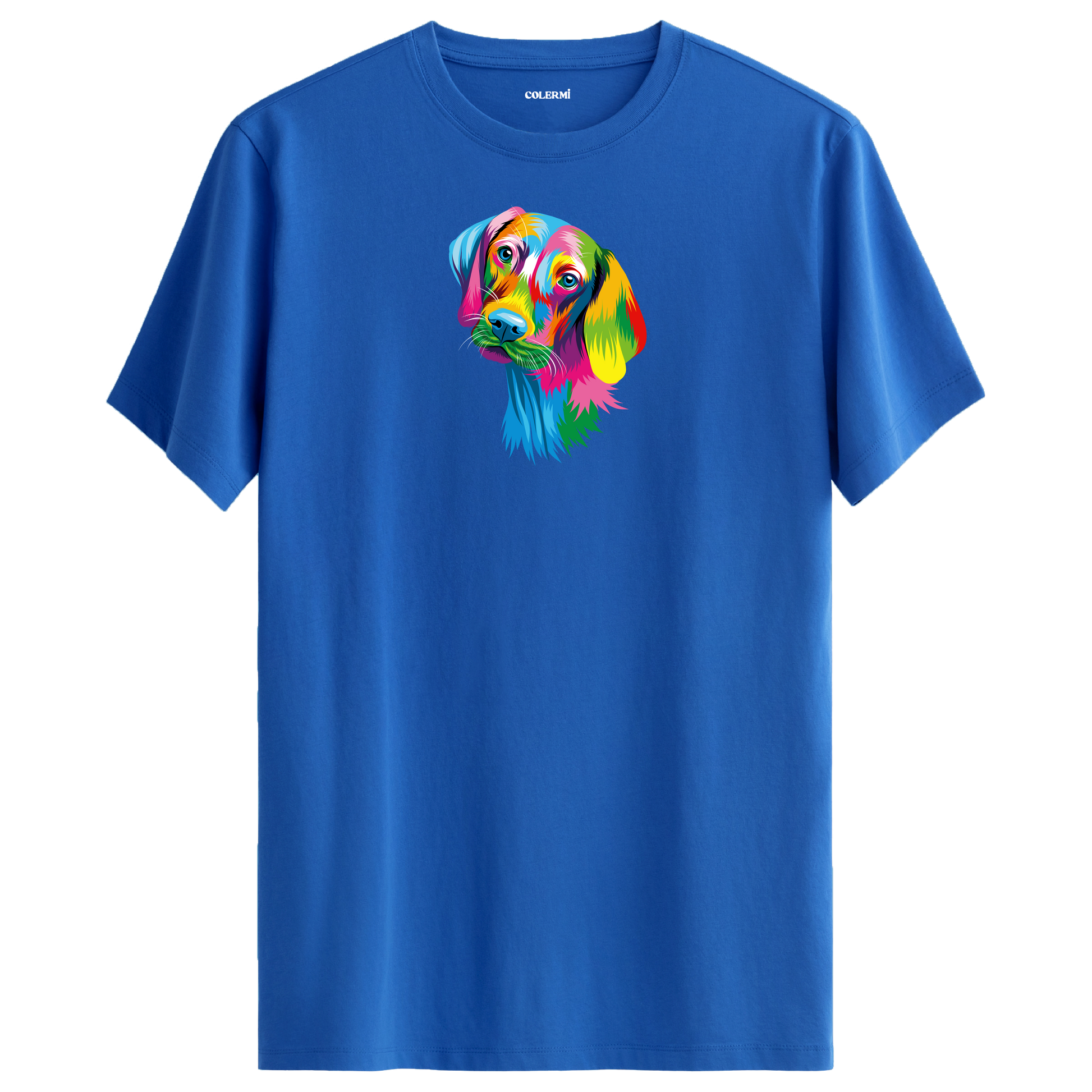 Mavi tişört üzerinde renkli Max Weimaraner köpek tasarımı