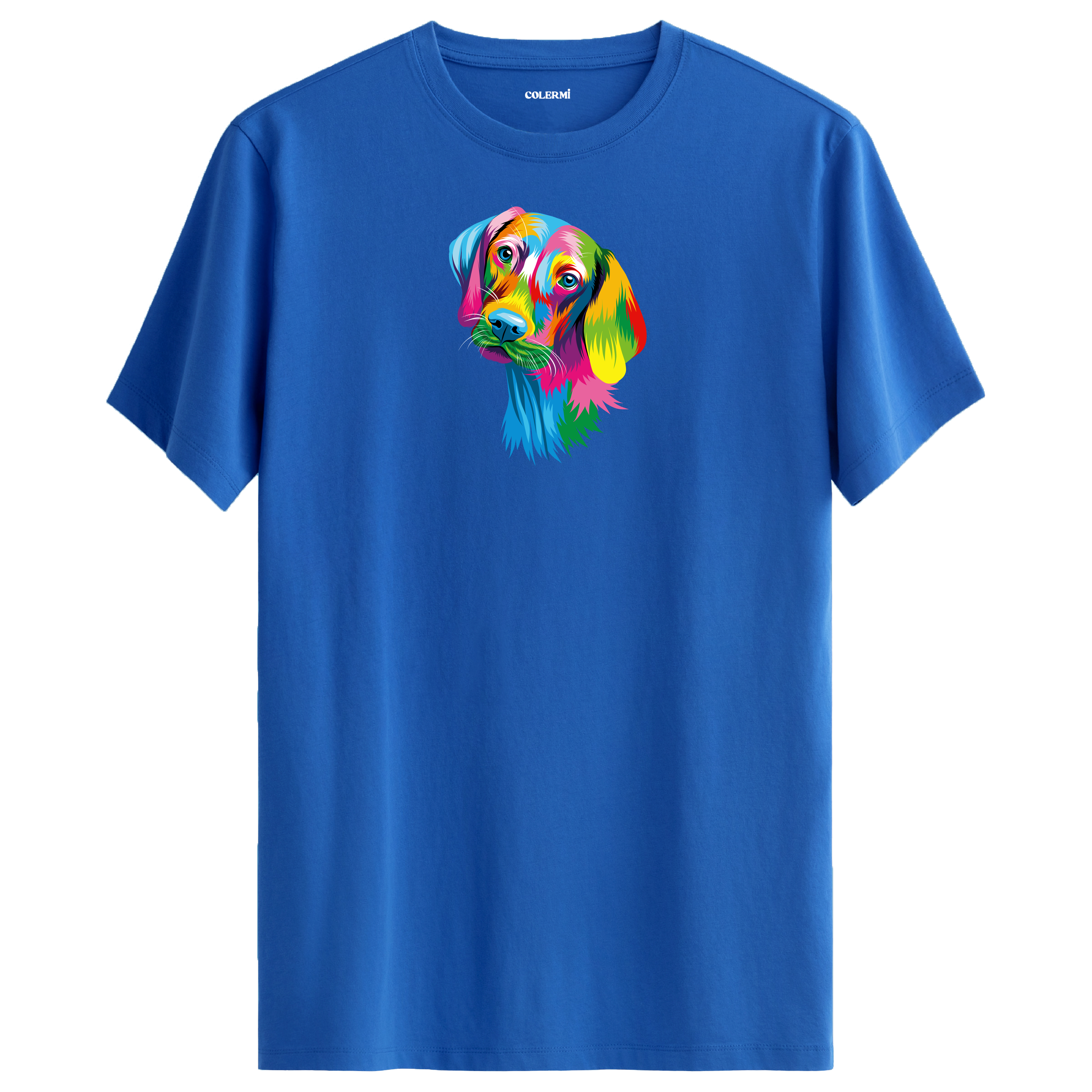 Mavi tişört üzerinde renkli Max Weimaraner köpek tasarımı