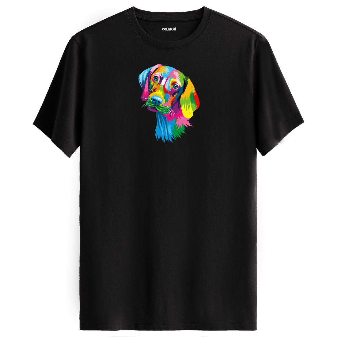 Siyah tişört üzerinde renkli Max Weimaraner köpek tasarımı