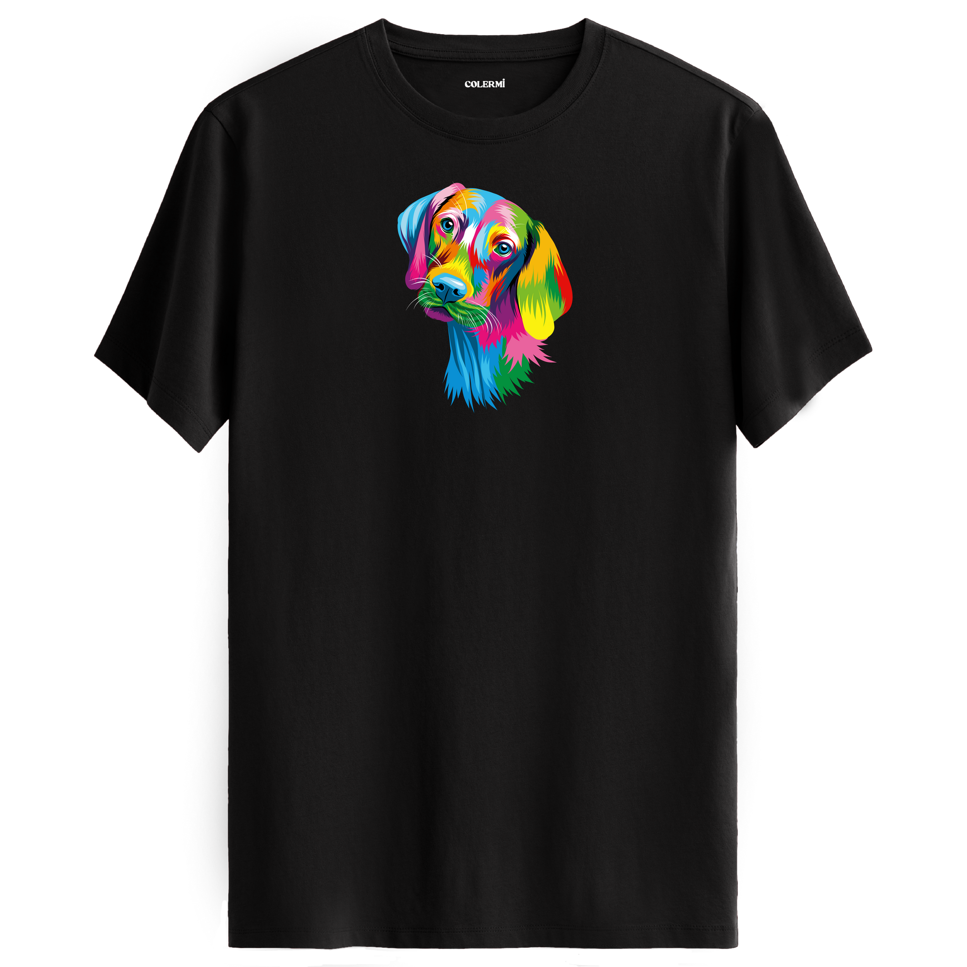 Siyah tişört üzerinde renkli Max Weimaraner köpek tasarımı