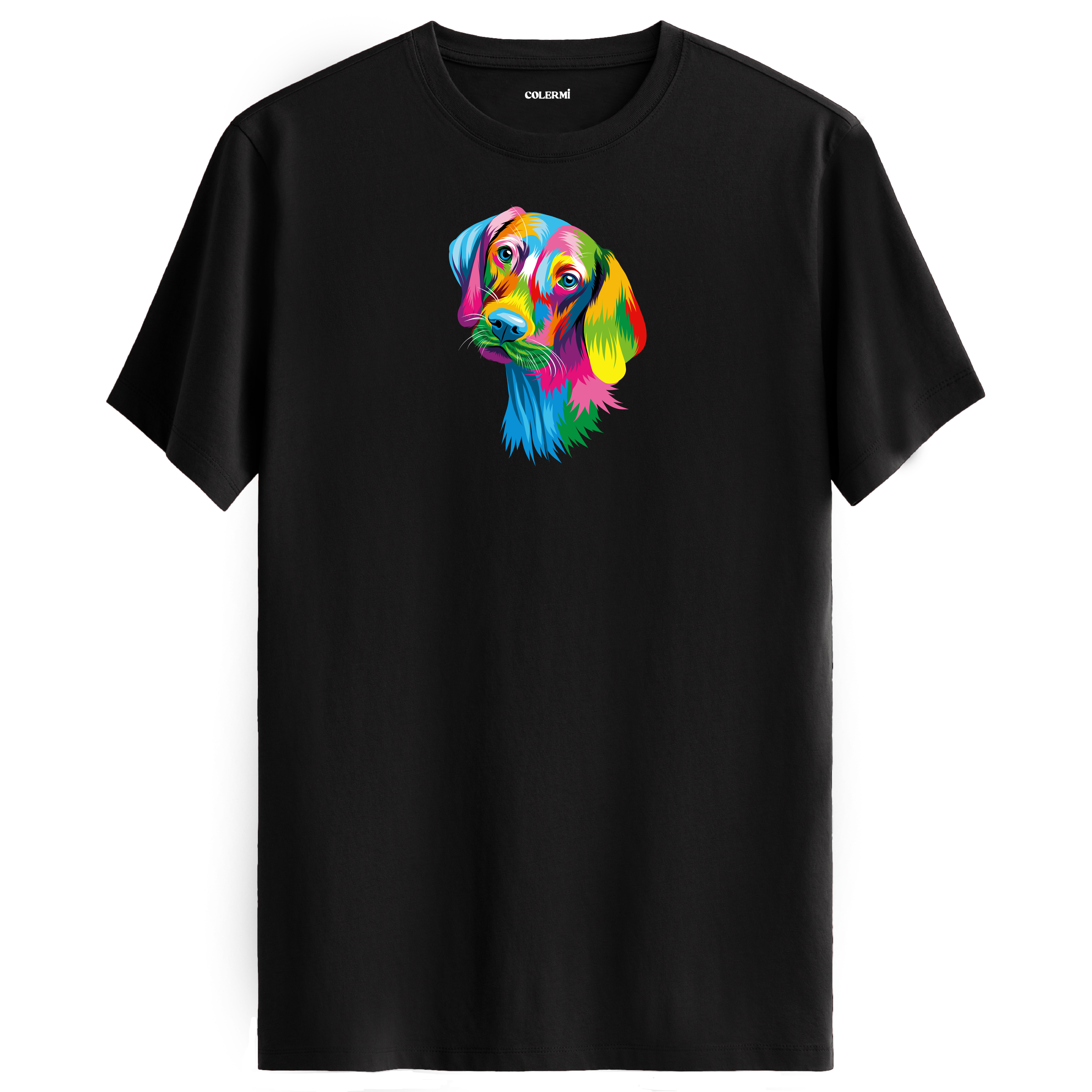 Siyah tişört üzerinde renkli Max Weimaraner köpek tasarımı