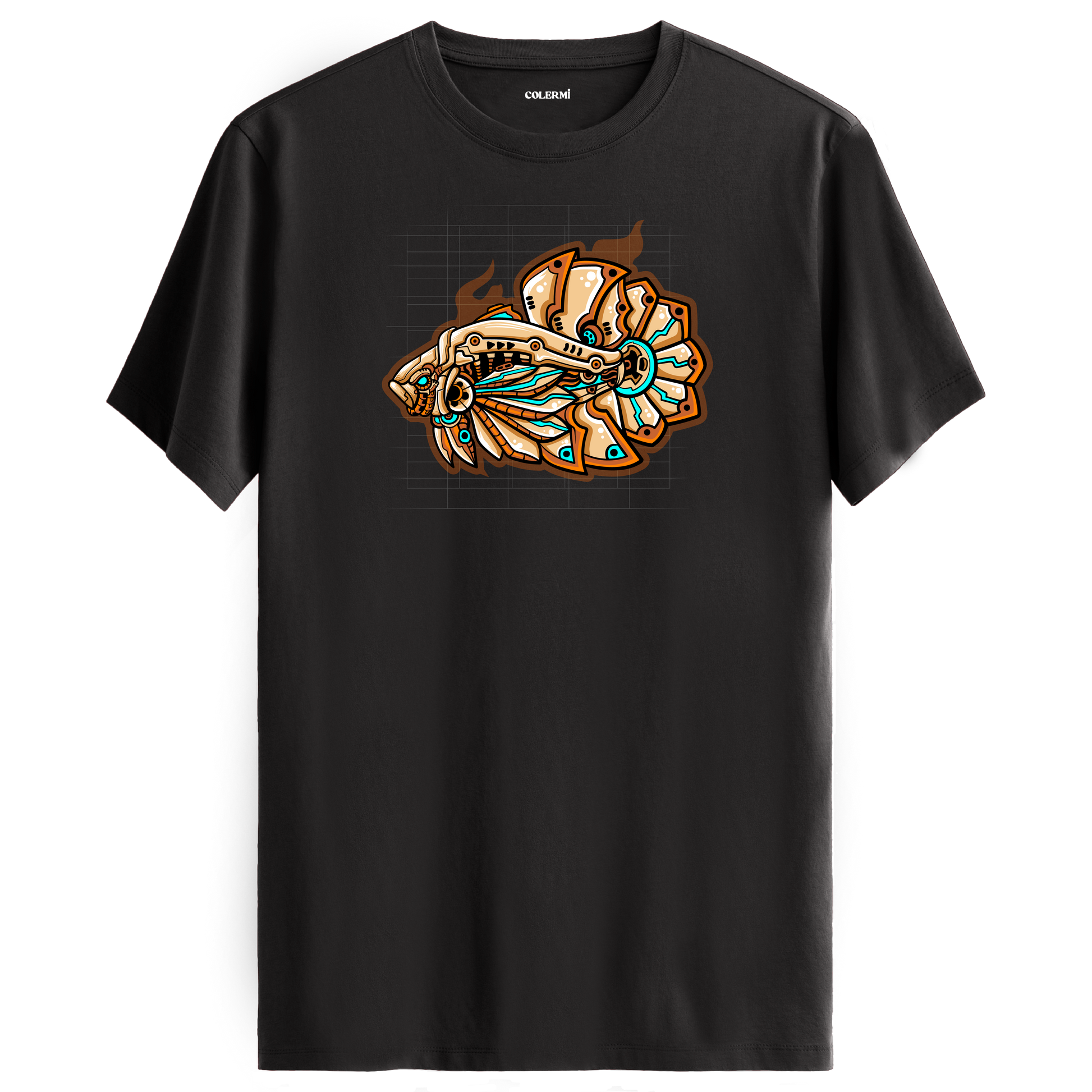 Antrasit tişört üzerinde futuristik MechaFish mekanik balık tasarımı