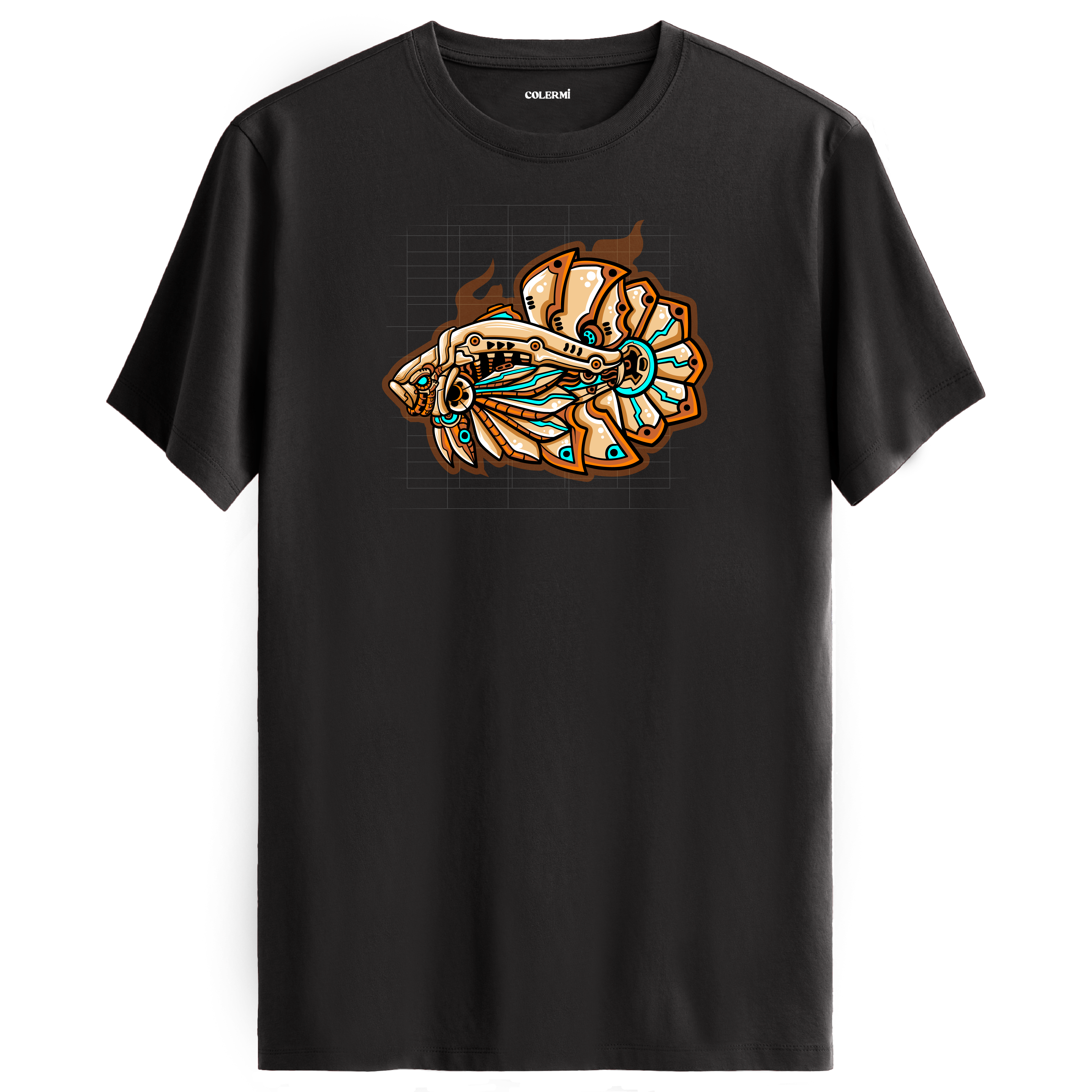 Antrasit tişört üzerinde futuristik MechaFish mekanik balık tasarımı