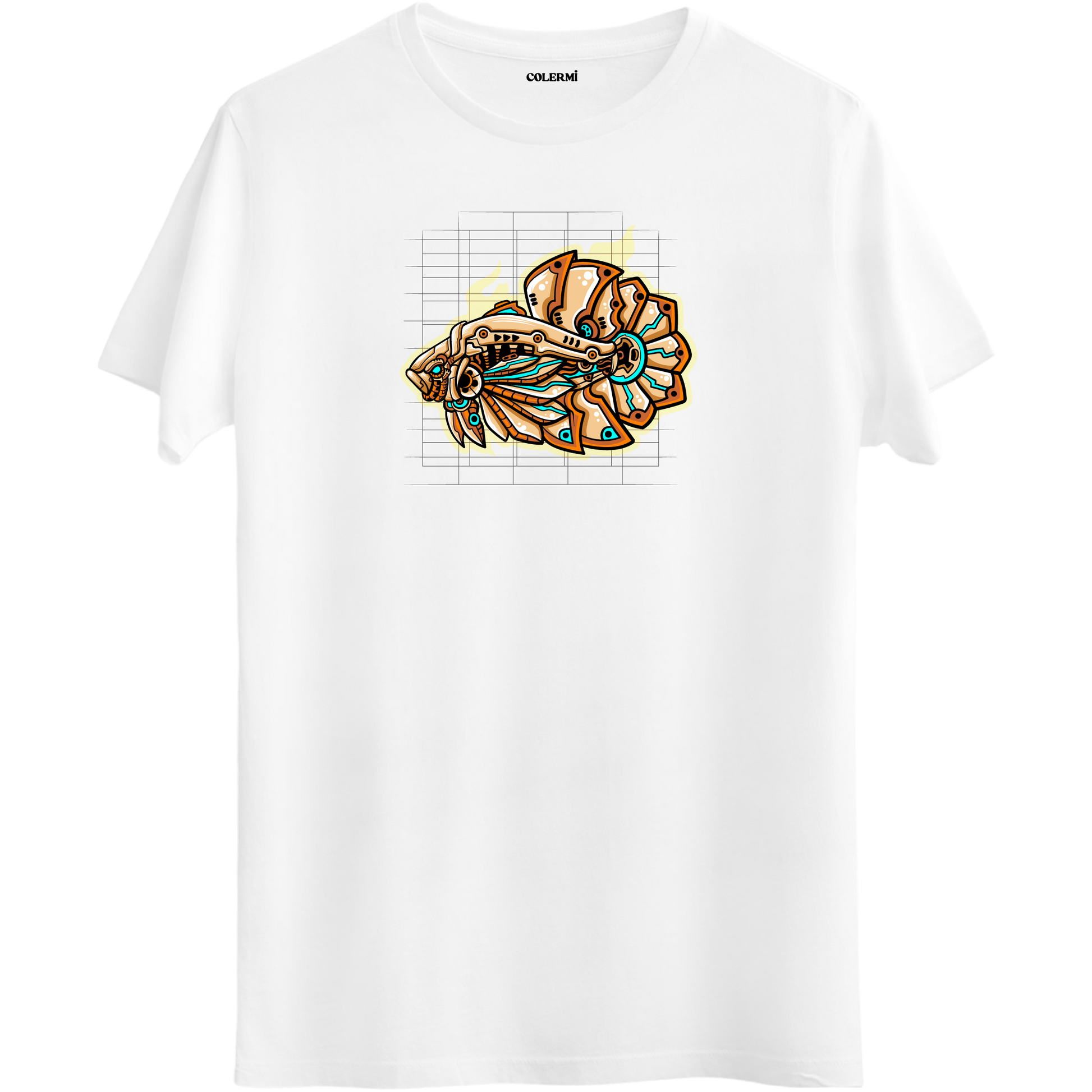 Beyaz tişört üzerinde futuristik MechaFish mekanik balık tasarımı