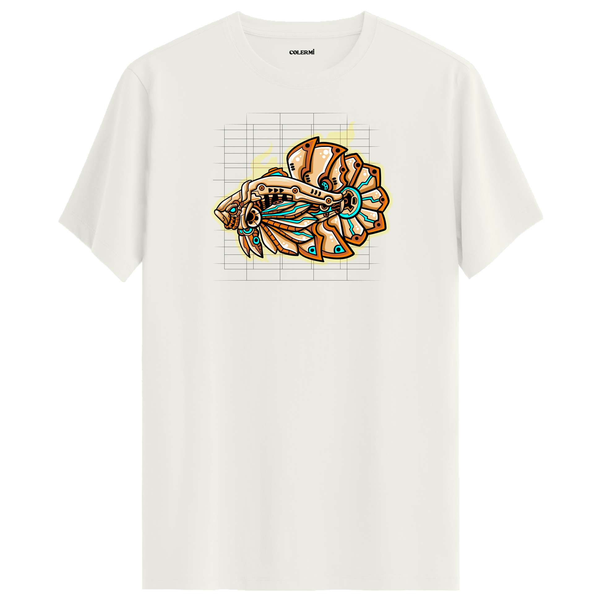 Ekru tişört üzerinde futuristik MechaFish mekanik balık tasarımı