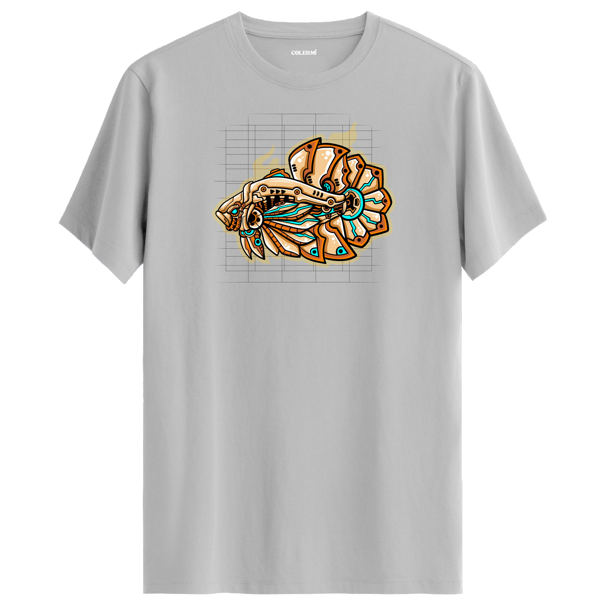 Gri tişört üzerinde futuristik MechaFish mekanik balık tasarımı