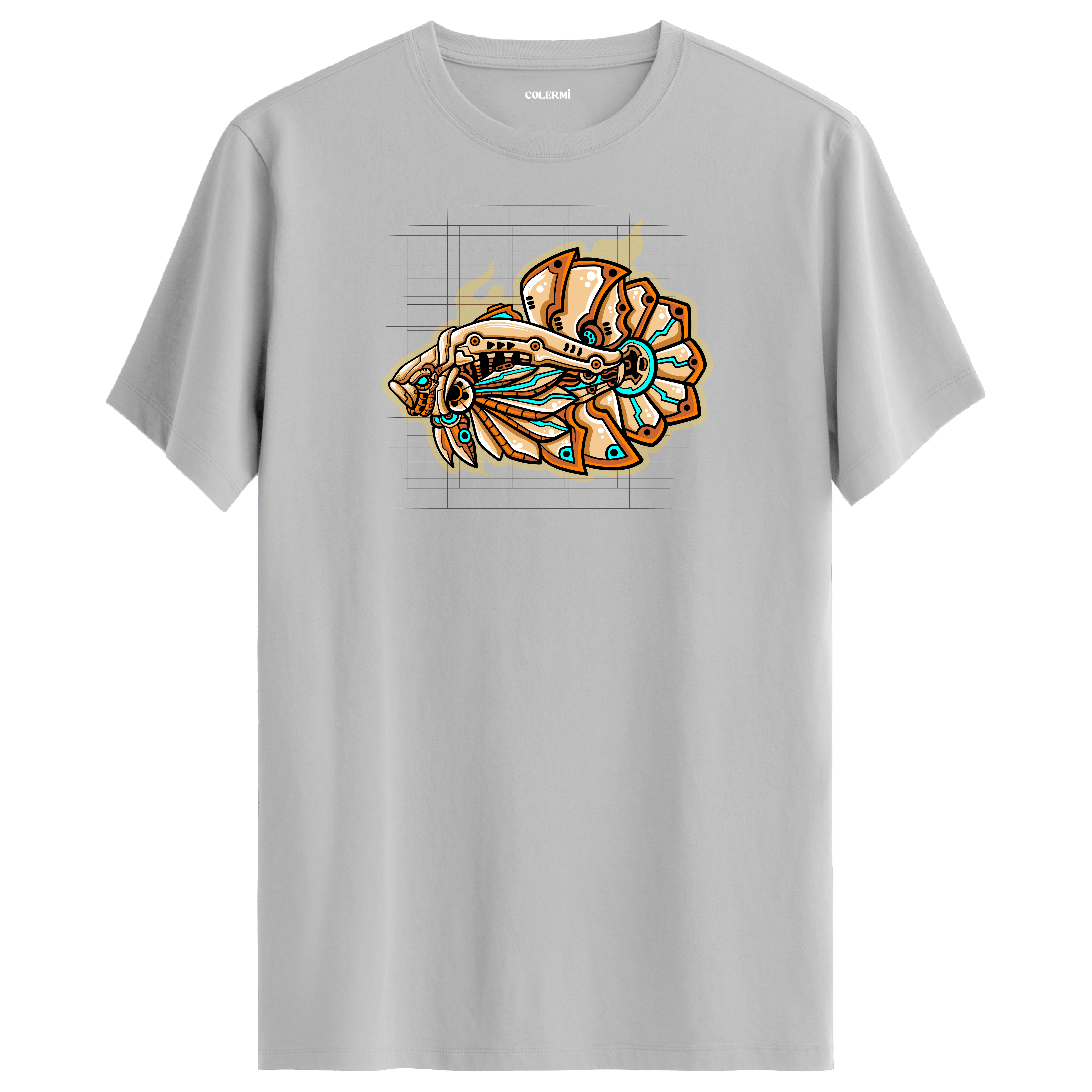 Gri tişört üzerinde futuristik MechaFish mekanik balık tasarımı