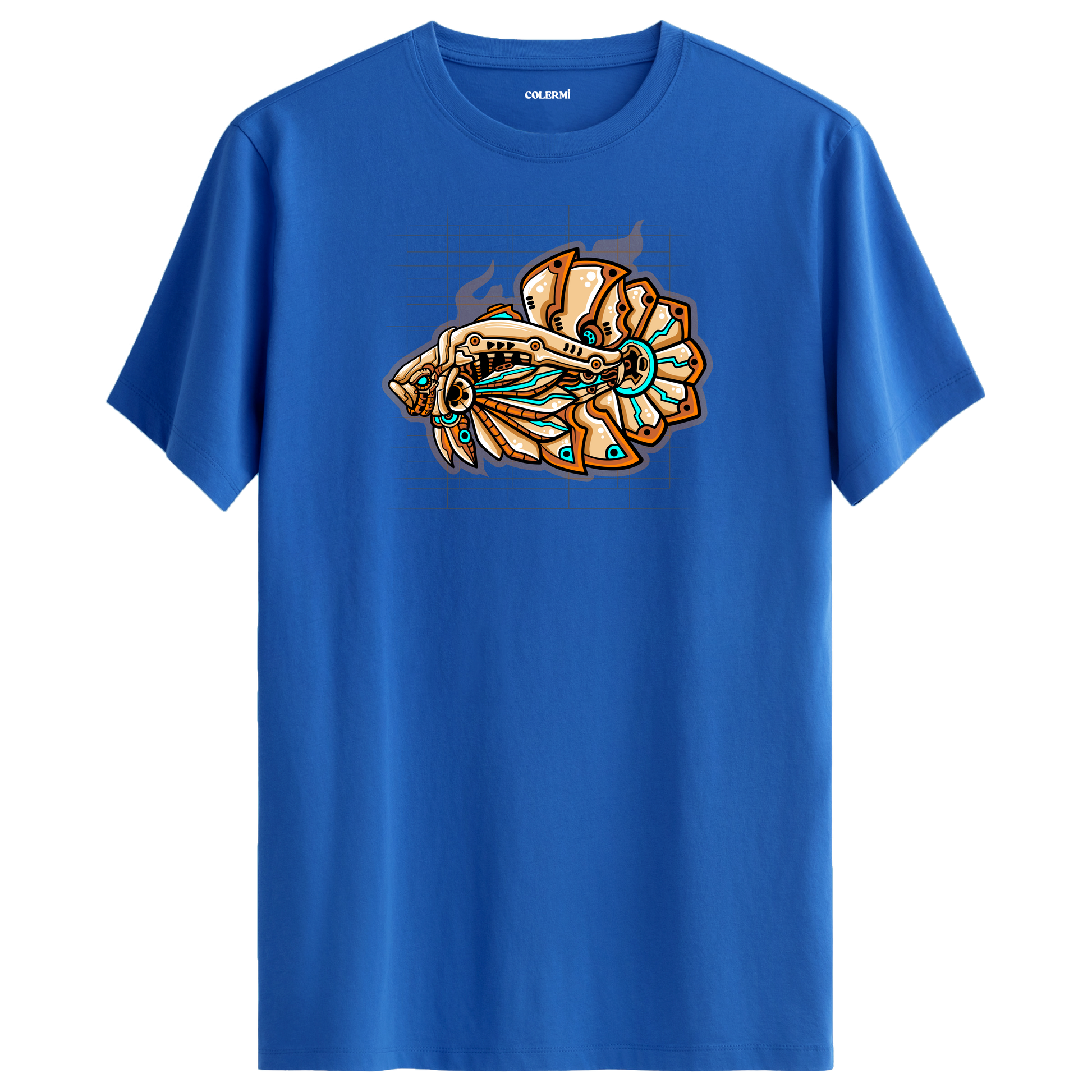 Mavi tişört üzerinde futuristik MechaFish mekanik balık tasarımı