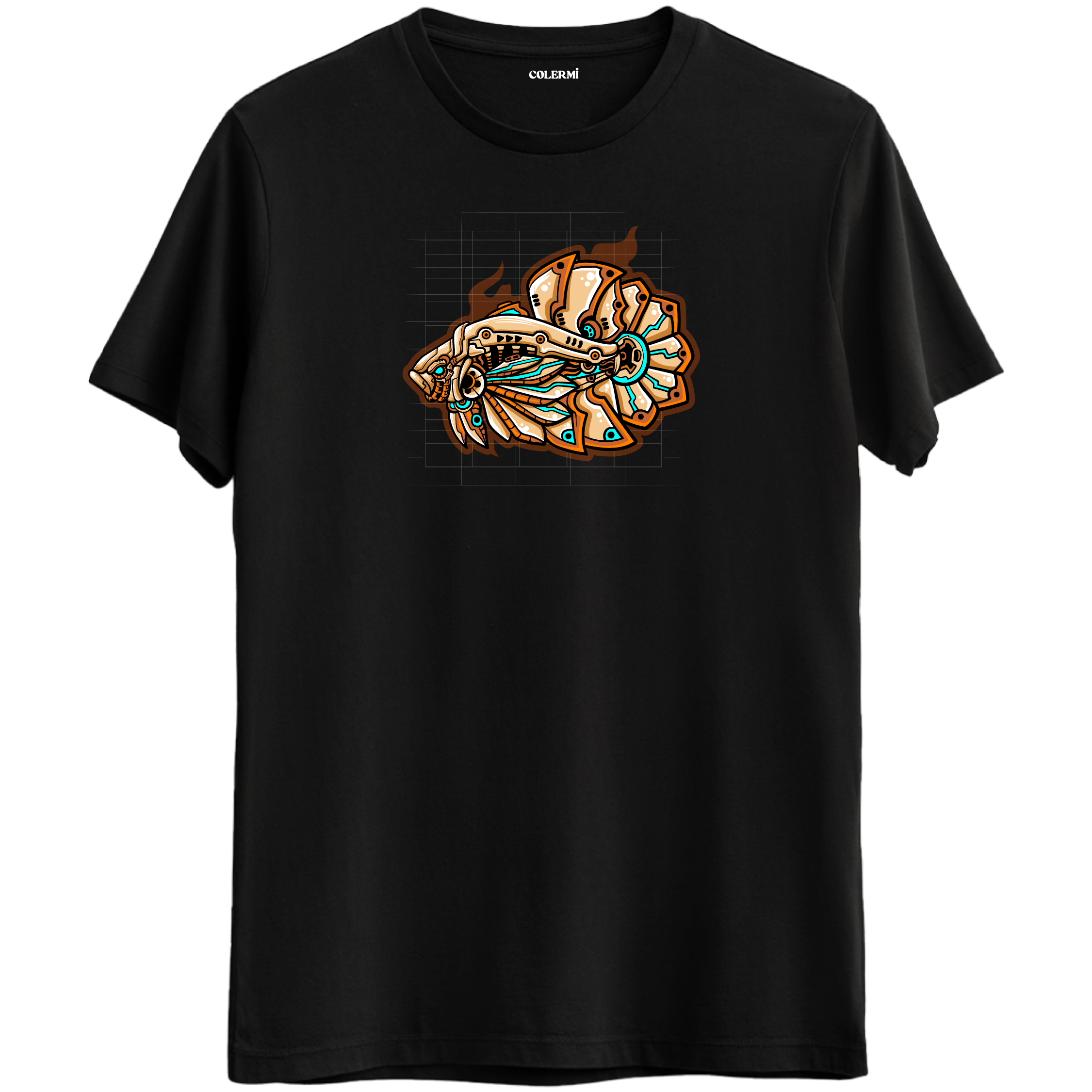 Siyah tişört üzerinde futuristik MechaFish mekanik balık tasarımı