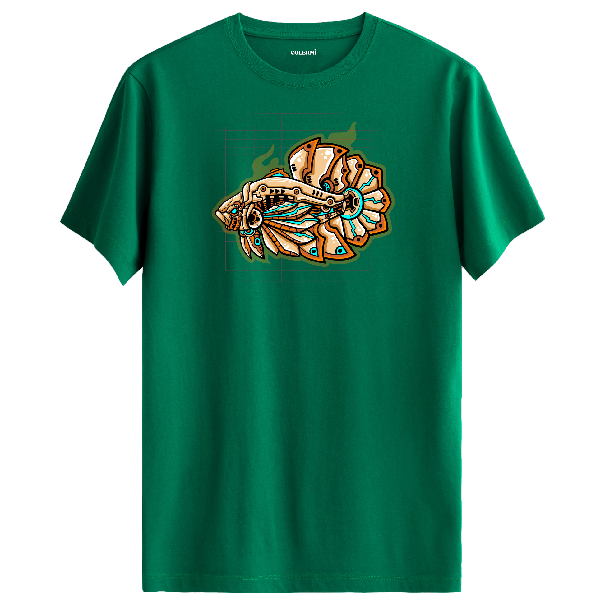 Yeşil tişört üzerinde futuristik MechaFish mekanik balık tasarımı