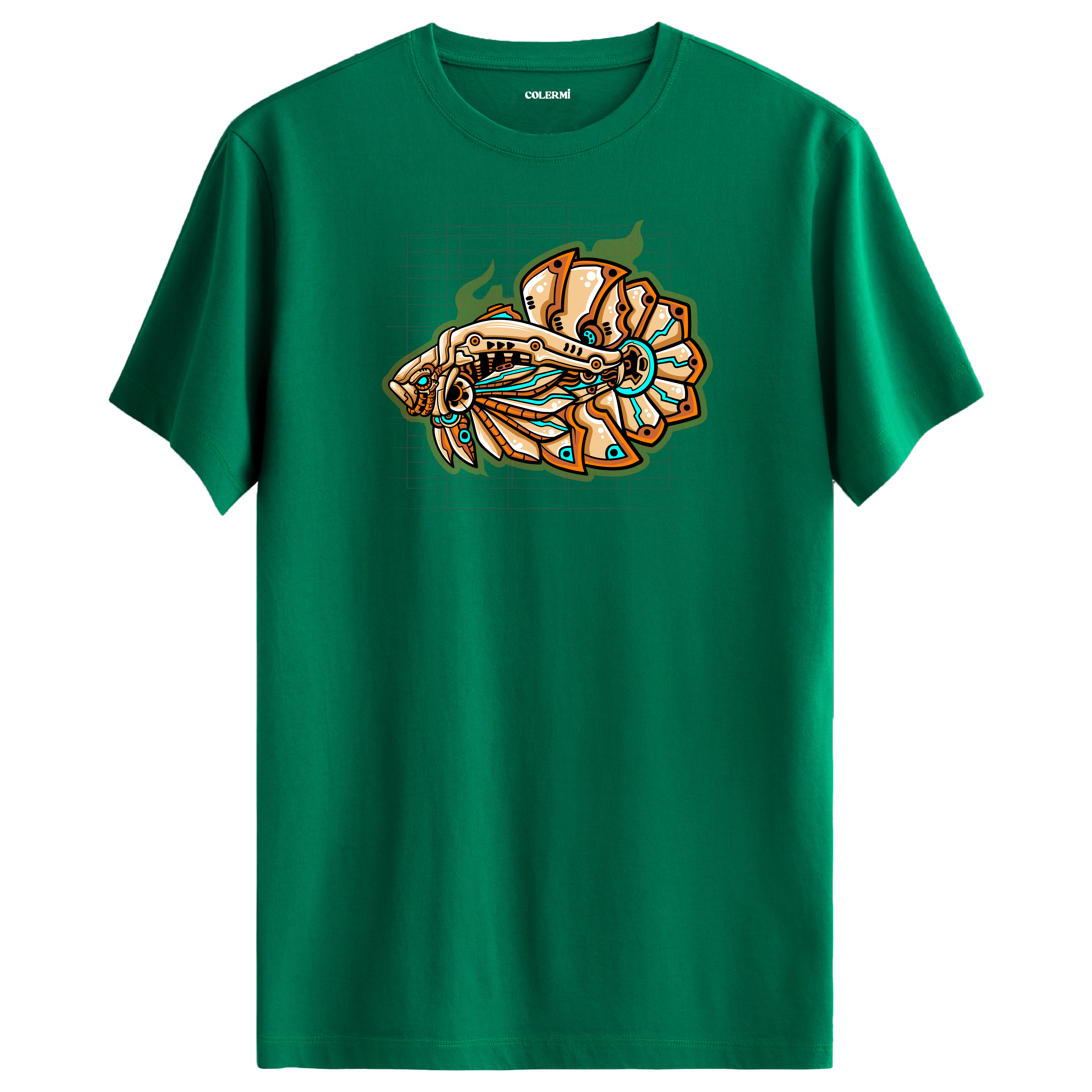 Yeşil tişört üzerinde futuristik MechaFish mekanik balık tasarımı