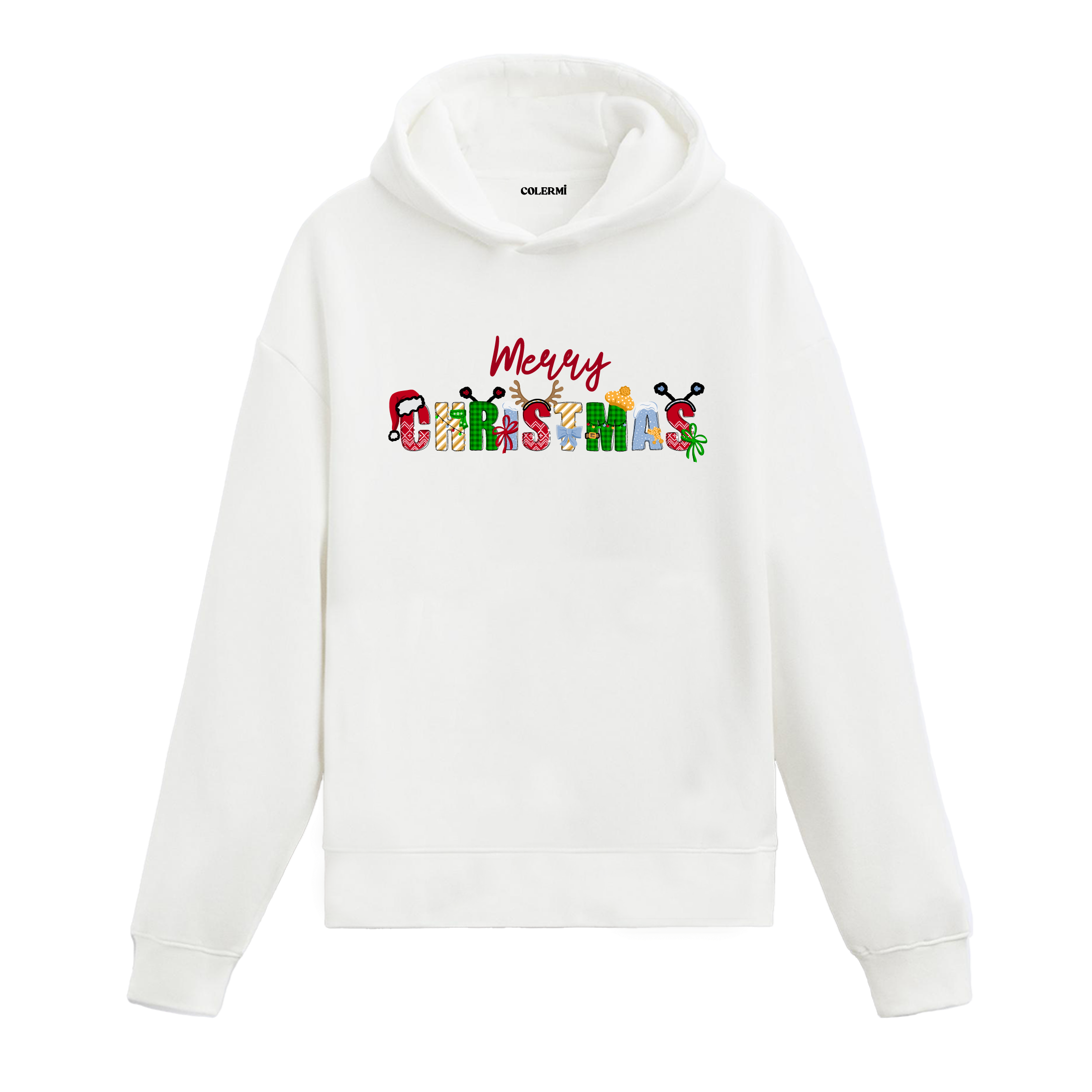 Beyaz hoodie, renkli Merry Christmas yazısı baskılı, pamuklu unisex hoodie