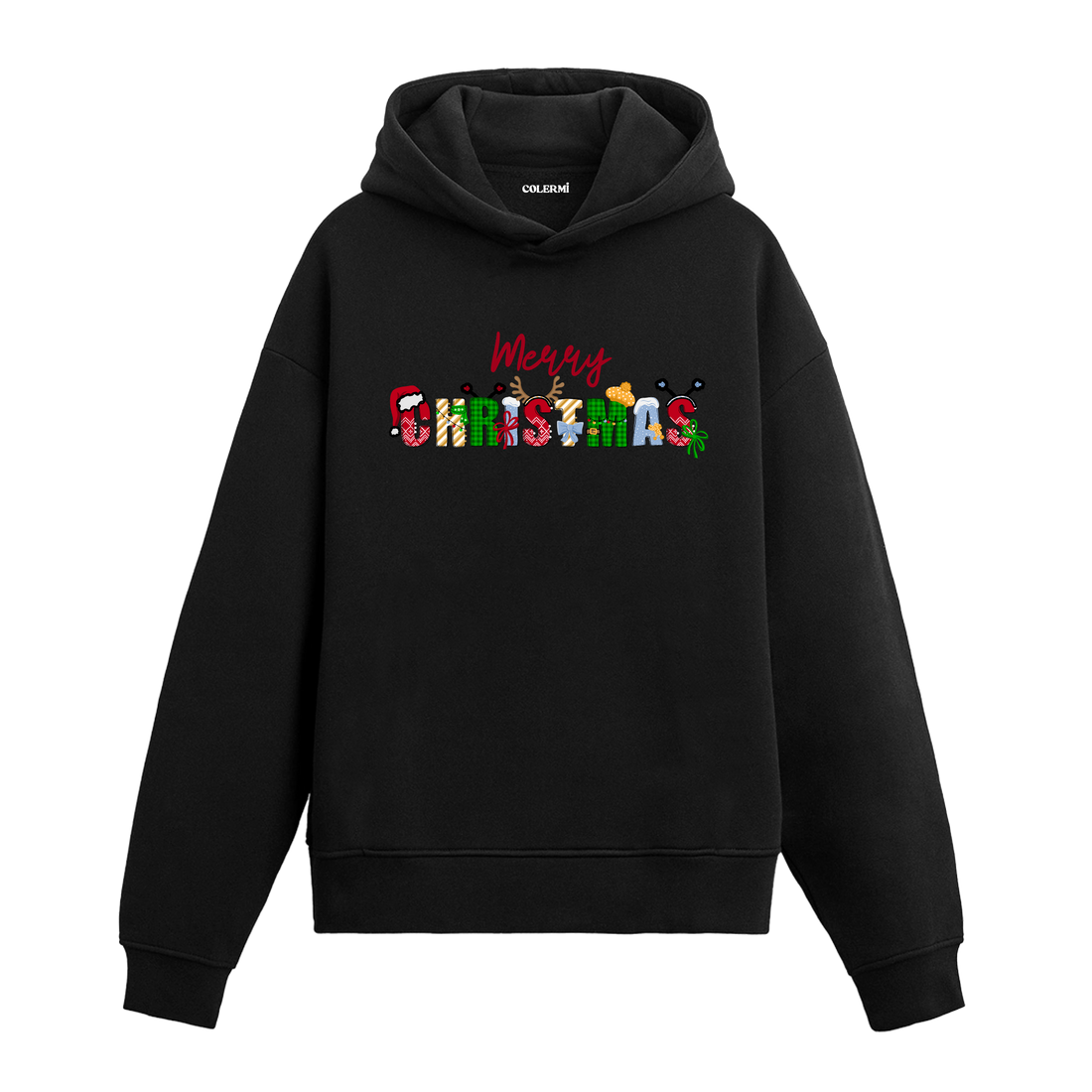 Siyah hoodie, Merry Christmas yazılı renkli baskı, pamuklu unisex hoodie
