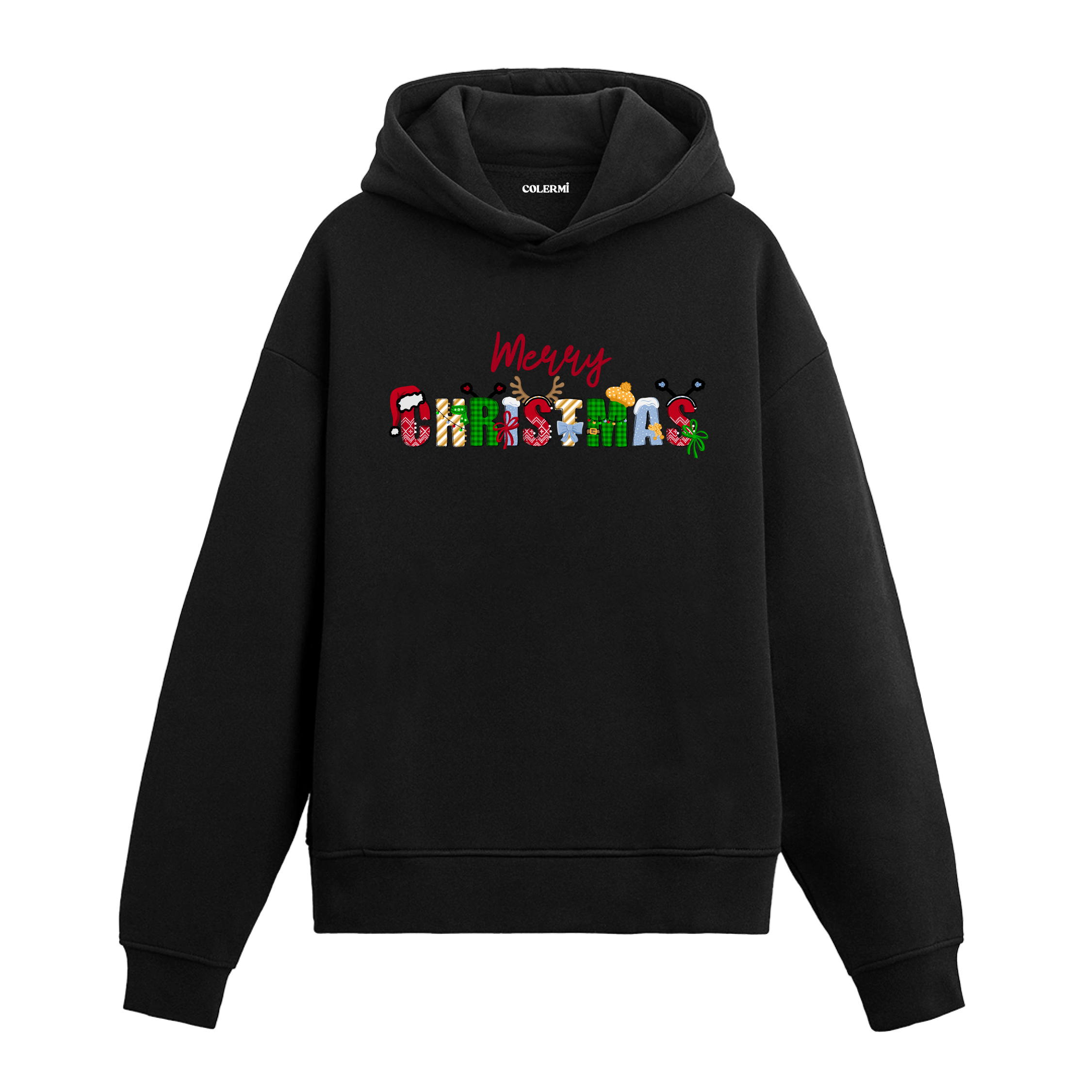 Siyah hoodie, Merry Christmas yazılı renkli baskı, pamuklu unisex hoodie