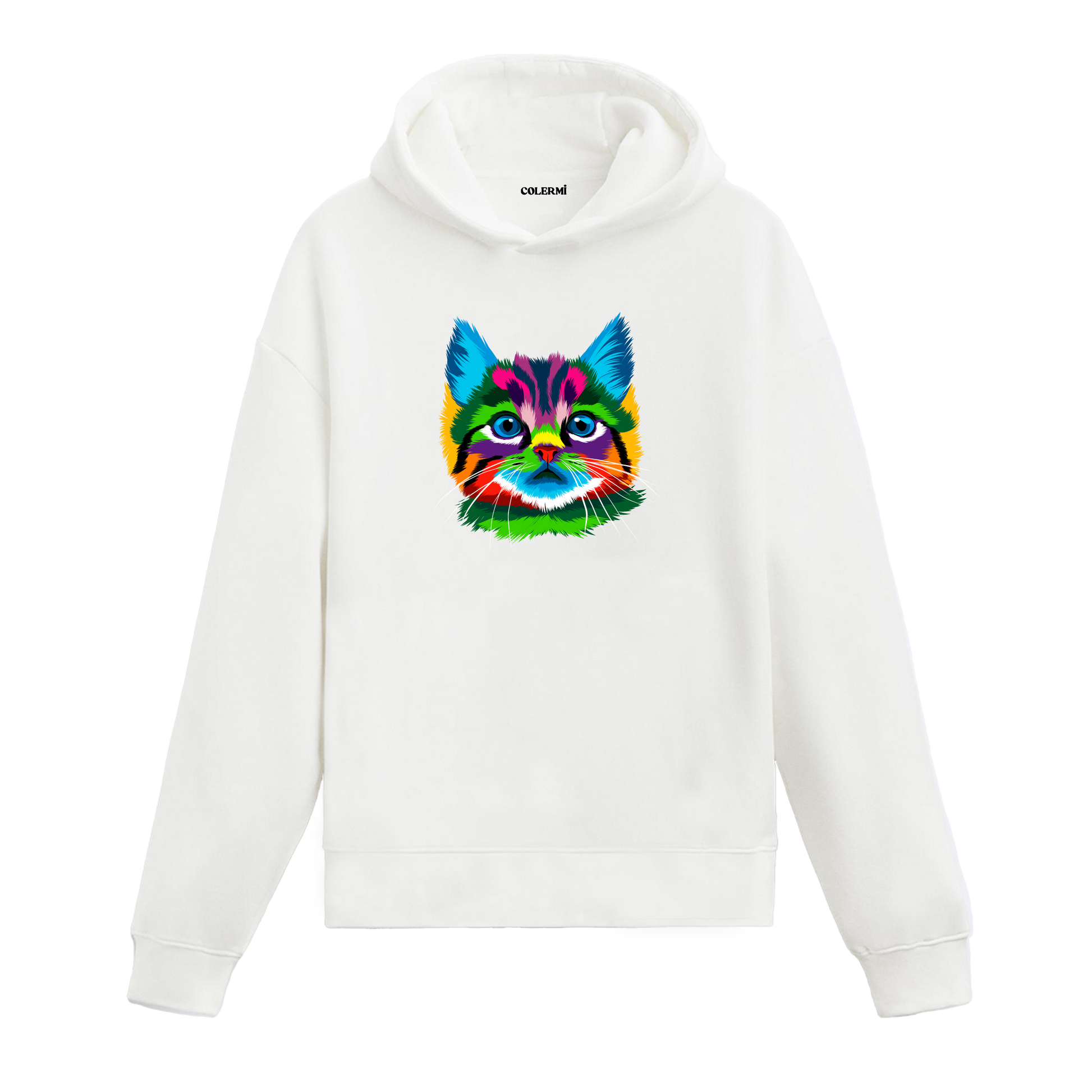Beyaz hoodie, Milo isimli kedi baskısı, pamuklu rahat hoodie