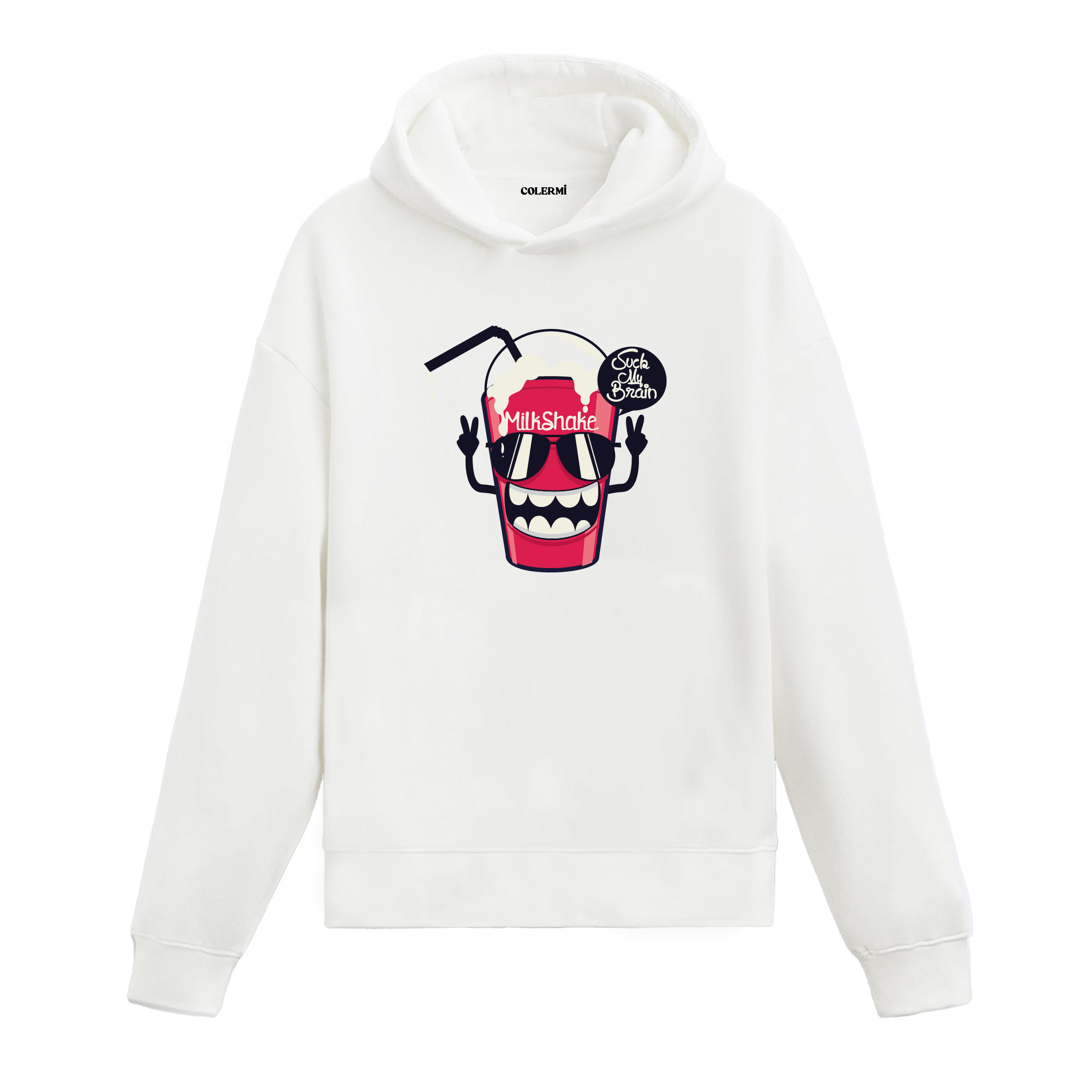 Gözlüklü milkshake karakter tasarım baskılı hoodie – eğlenceli ve renkli görünüm