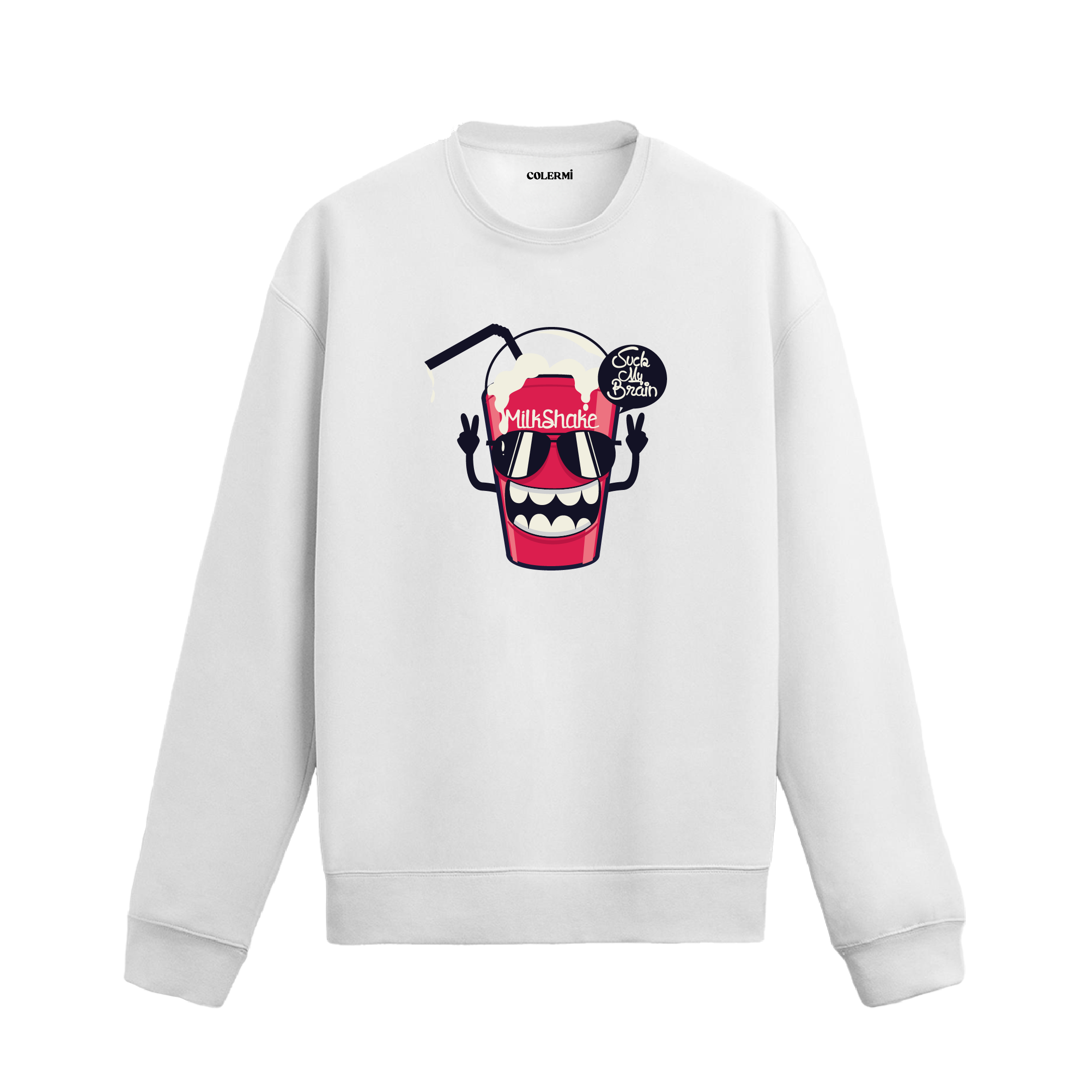 Beyaz sweatshirt üzerinde eğlenceli milkshake karakter tasarımı