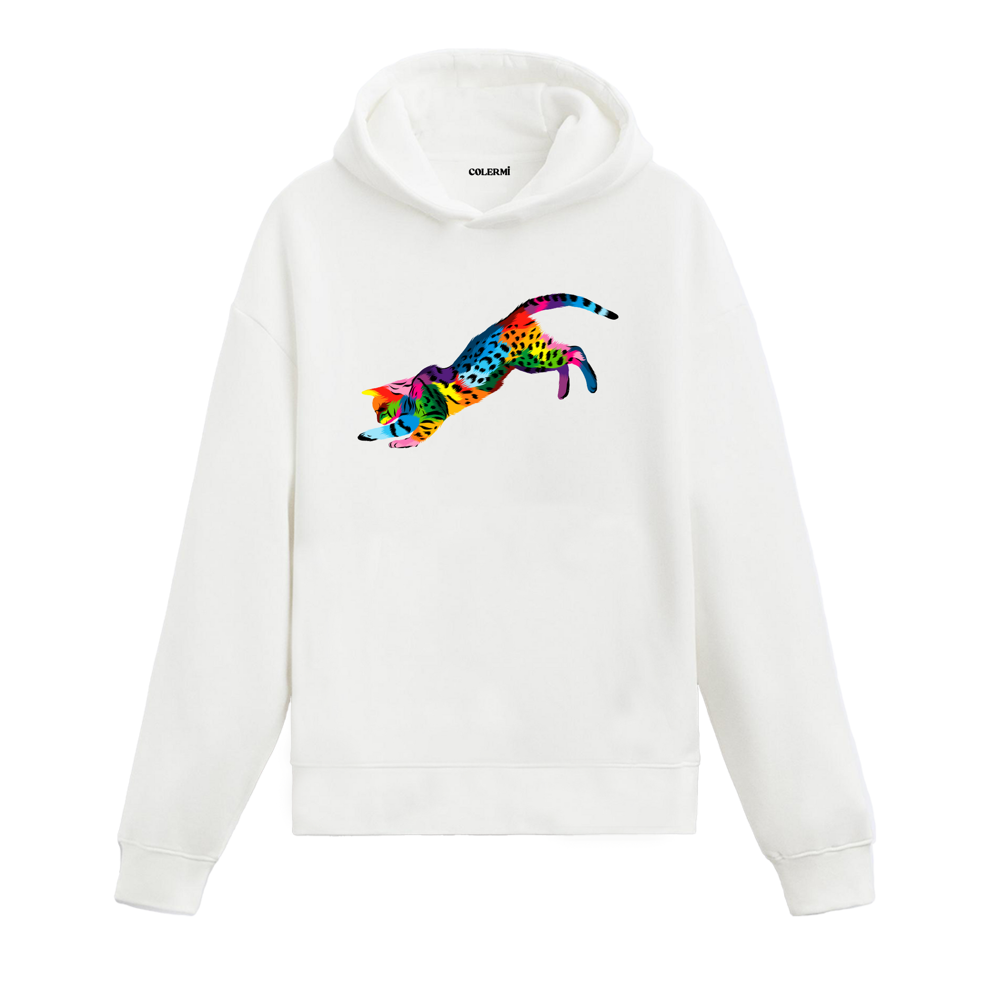 Beyaz hoodie, Milo isimli renkli kedi baskısı, sanatsal tasarım unisex hoodie