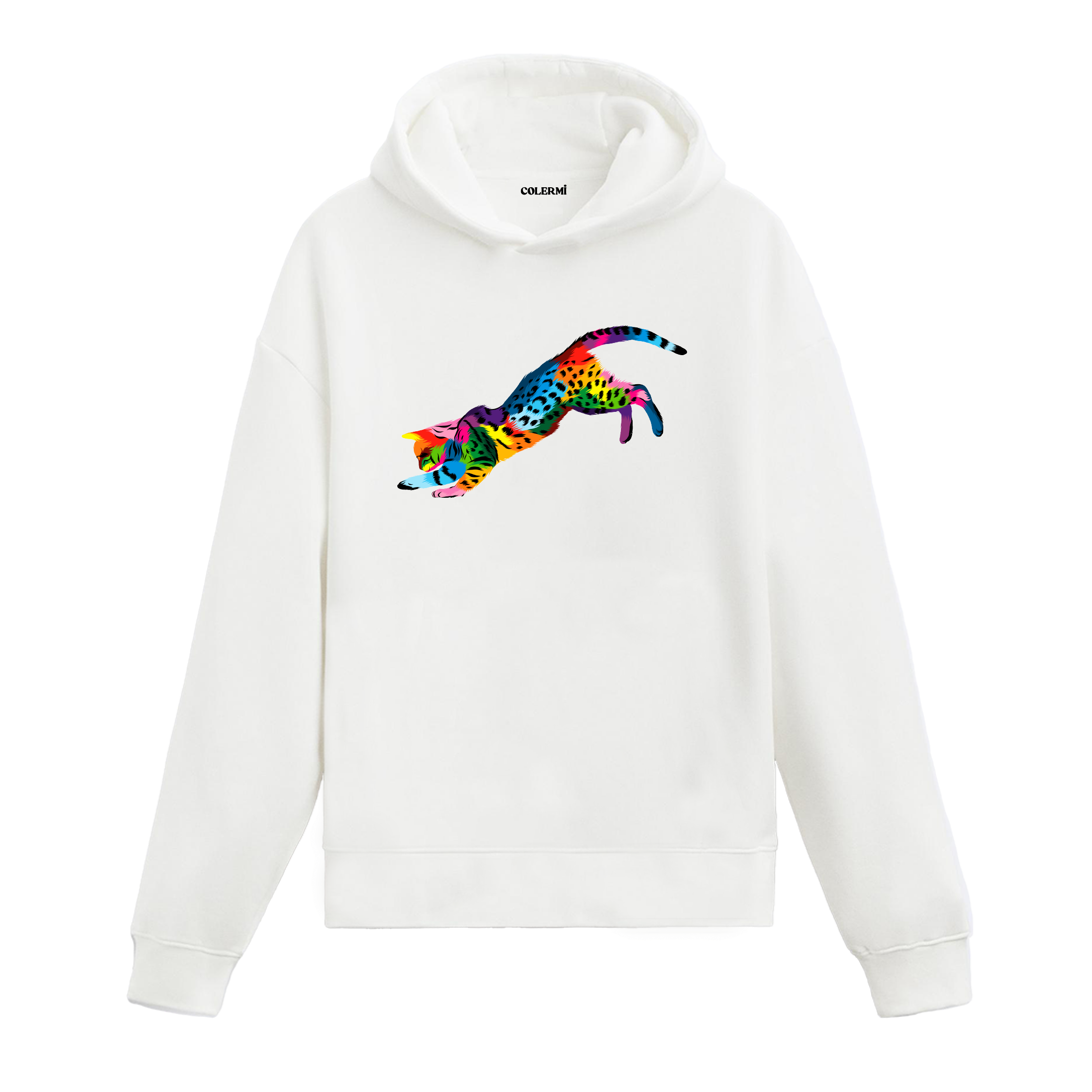 Beyaz hoodie, Milo isimli renkli kedi baskısı, sanatsal tasarım unisex hoodie